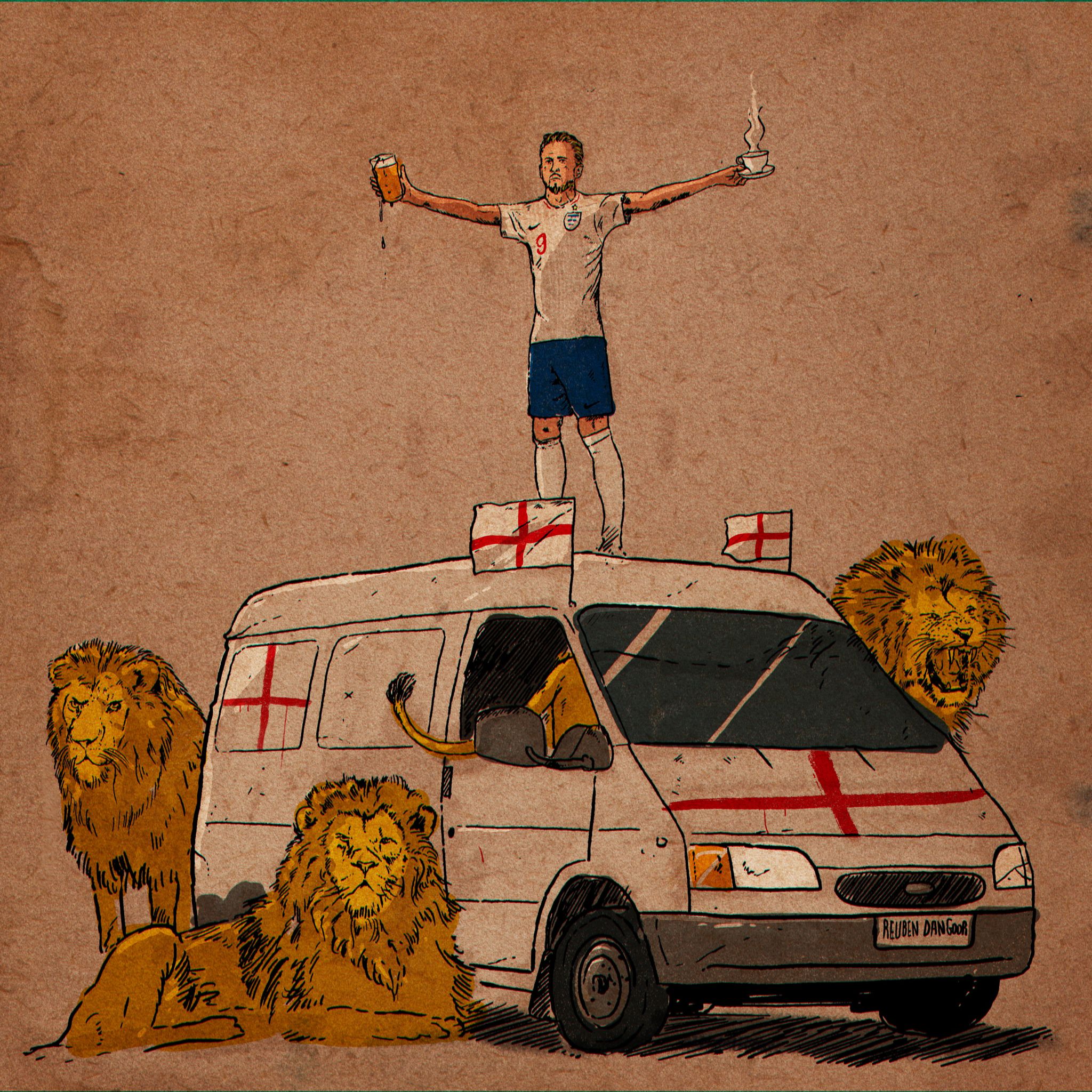 Harry Kane celebrating on top of a white van