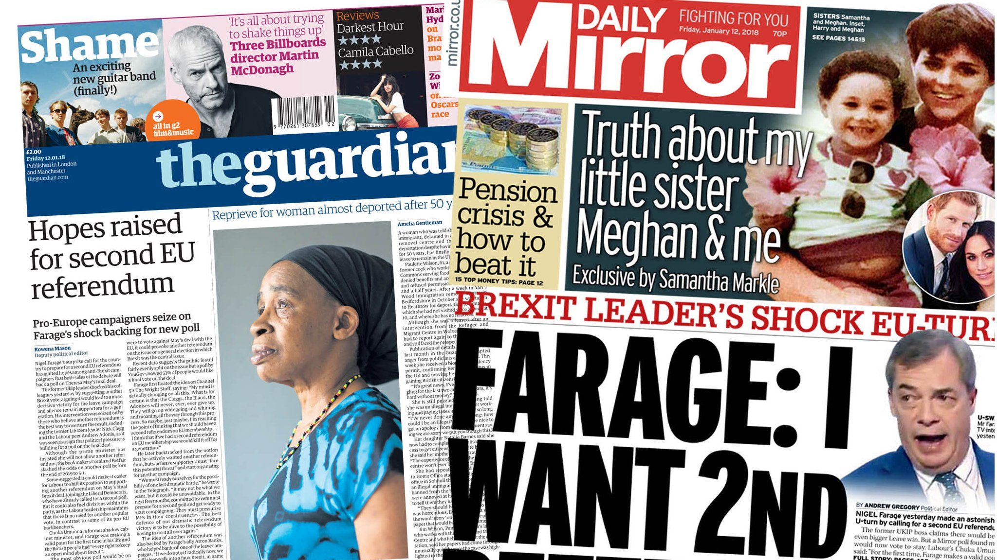 Composite image showing Guardian and Mirror front pages