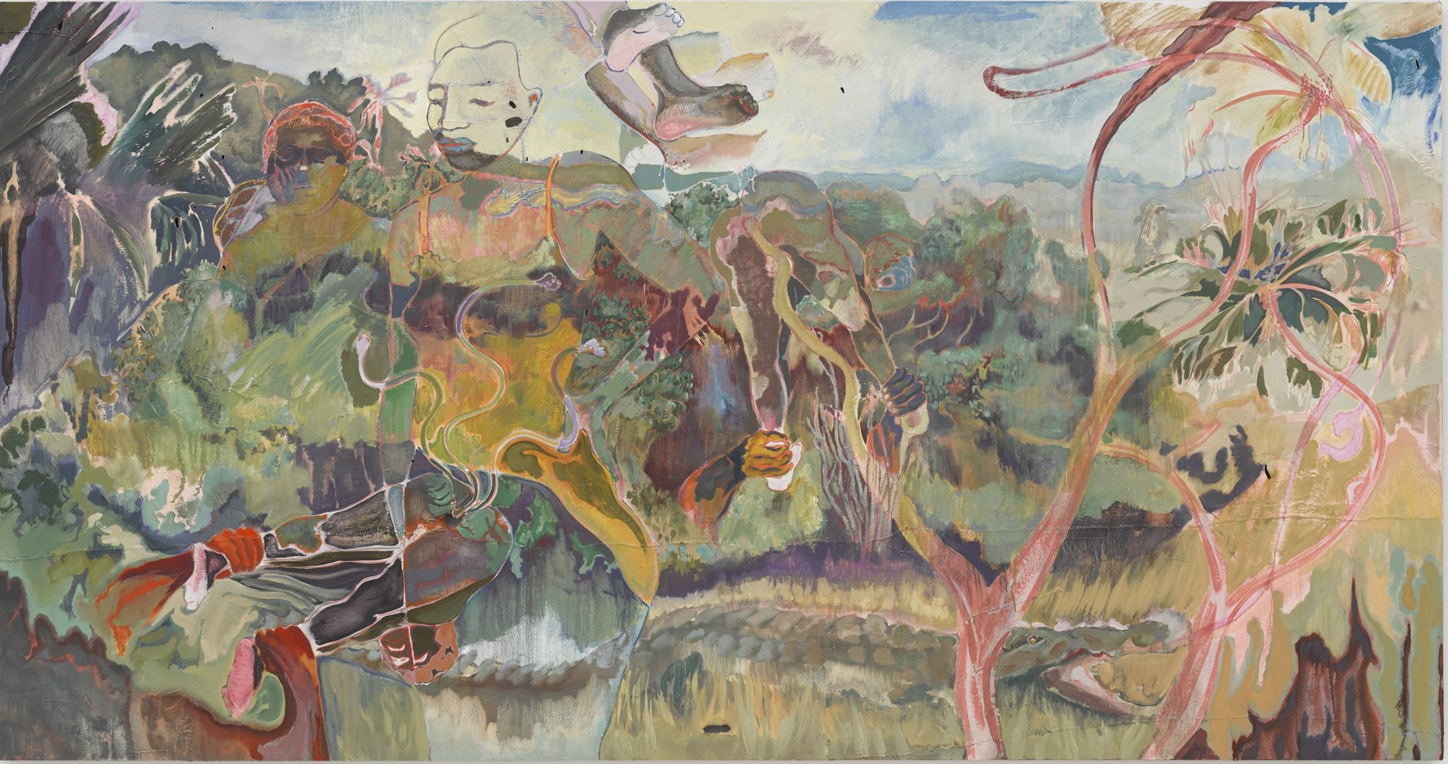 Michael Armitage, The Paradise Edict, 2019. Oil on Lubugo bark cloth, 220 x 420 cm. The Joyner/Giuffrida Collection