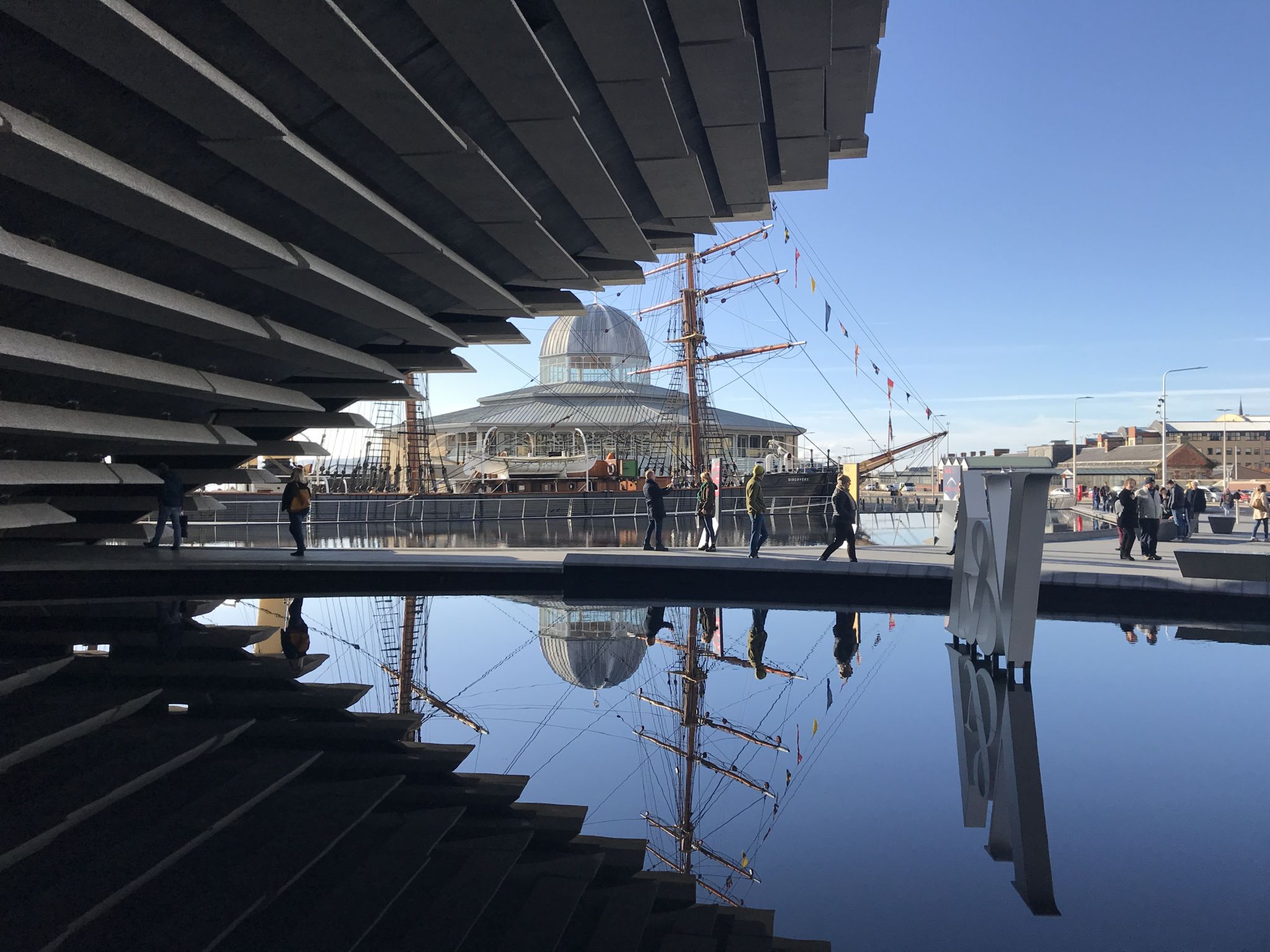 V&A in Dundee with the Discovery ship reflected in the water