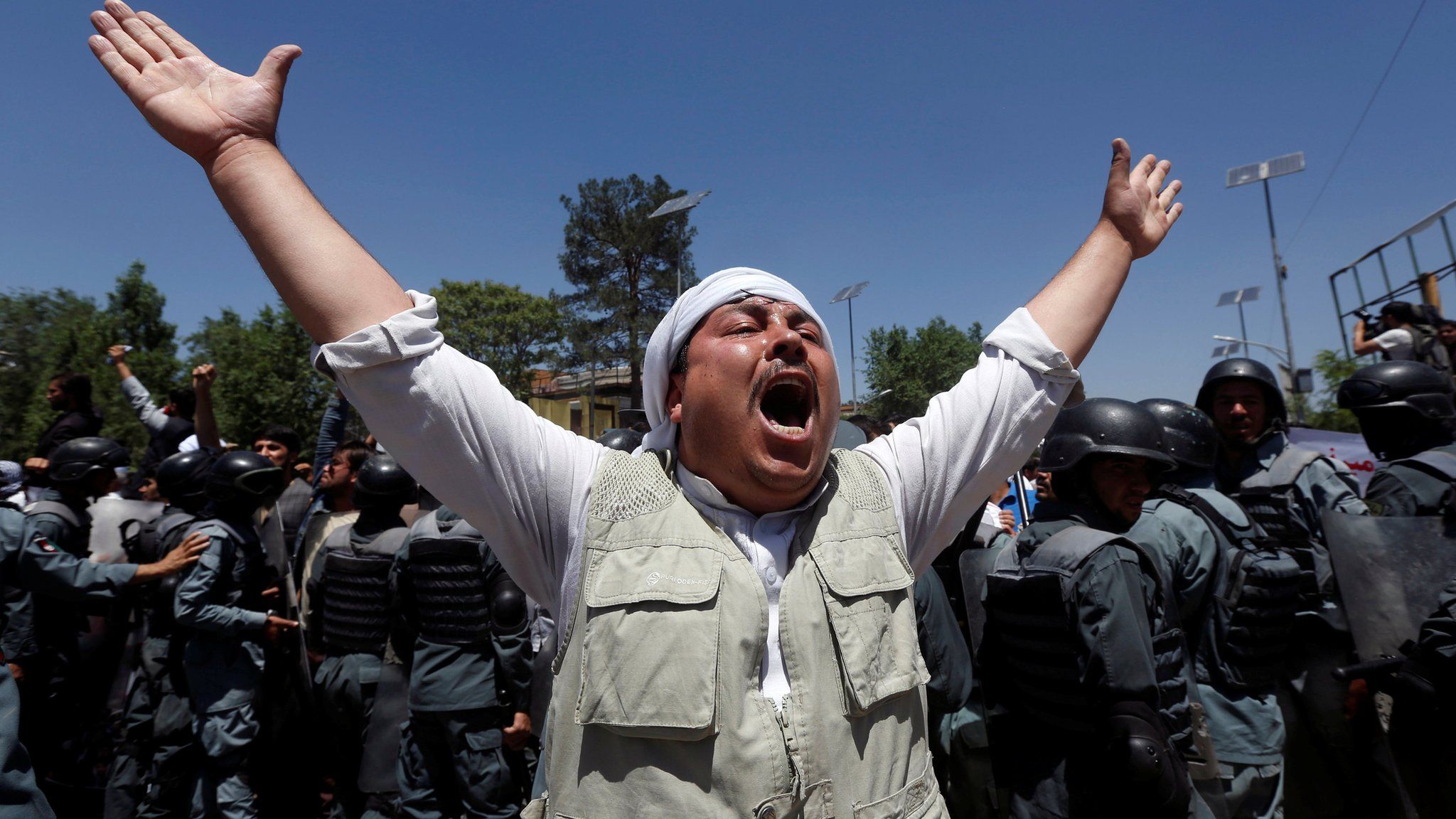 An Afghan man chants slogans, during a protest in Kabul, Afghanistan 2 June 2017