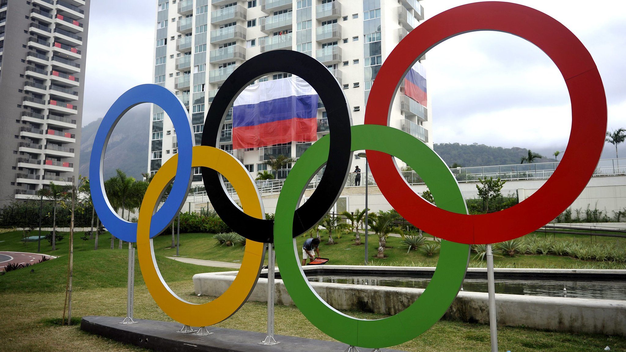 Russian flag next to the Olympic rings