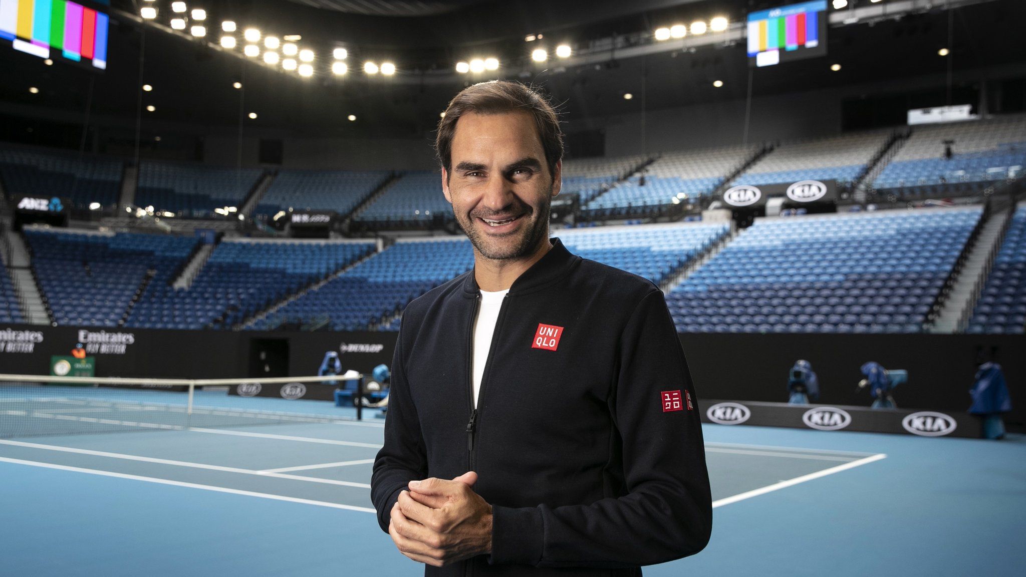 Roger Federer of Switzerland posing for a photo during a practice session ahead of the Australian Open tennis tournament at Rod Laver Arena in Melbourne, Victoria, Australia, 11 January 2020.