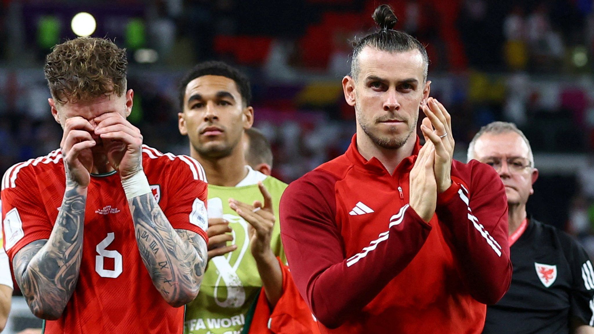 Joe Rodon and Gareth Bale react to Wales' World Cup exit