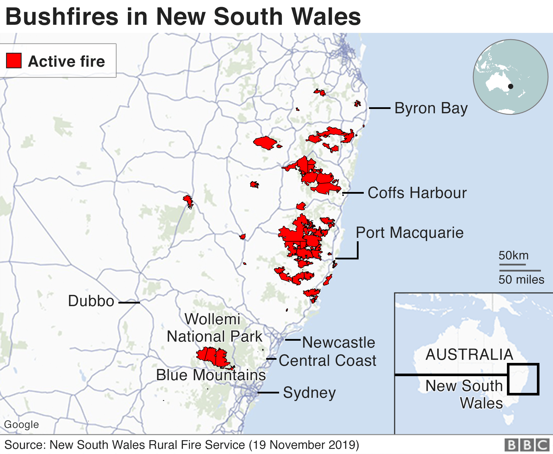 Map: Bushfires in New South Wales, 19 November