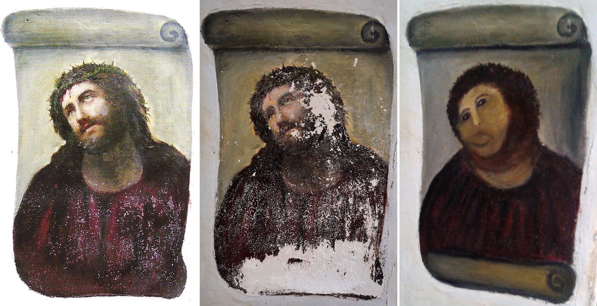 A combination of three documents provided by the Centre de Estudios Borjanos on August 22, 2012 shows the original version of the painting Ecce Homo (L) by 19th-century painter Elias Garcia Martinez, the deteriorated version (C) and the restored version by an elderly woman in Spain.