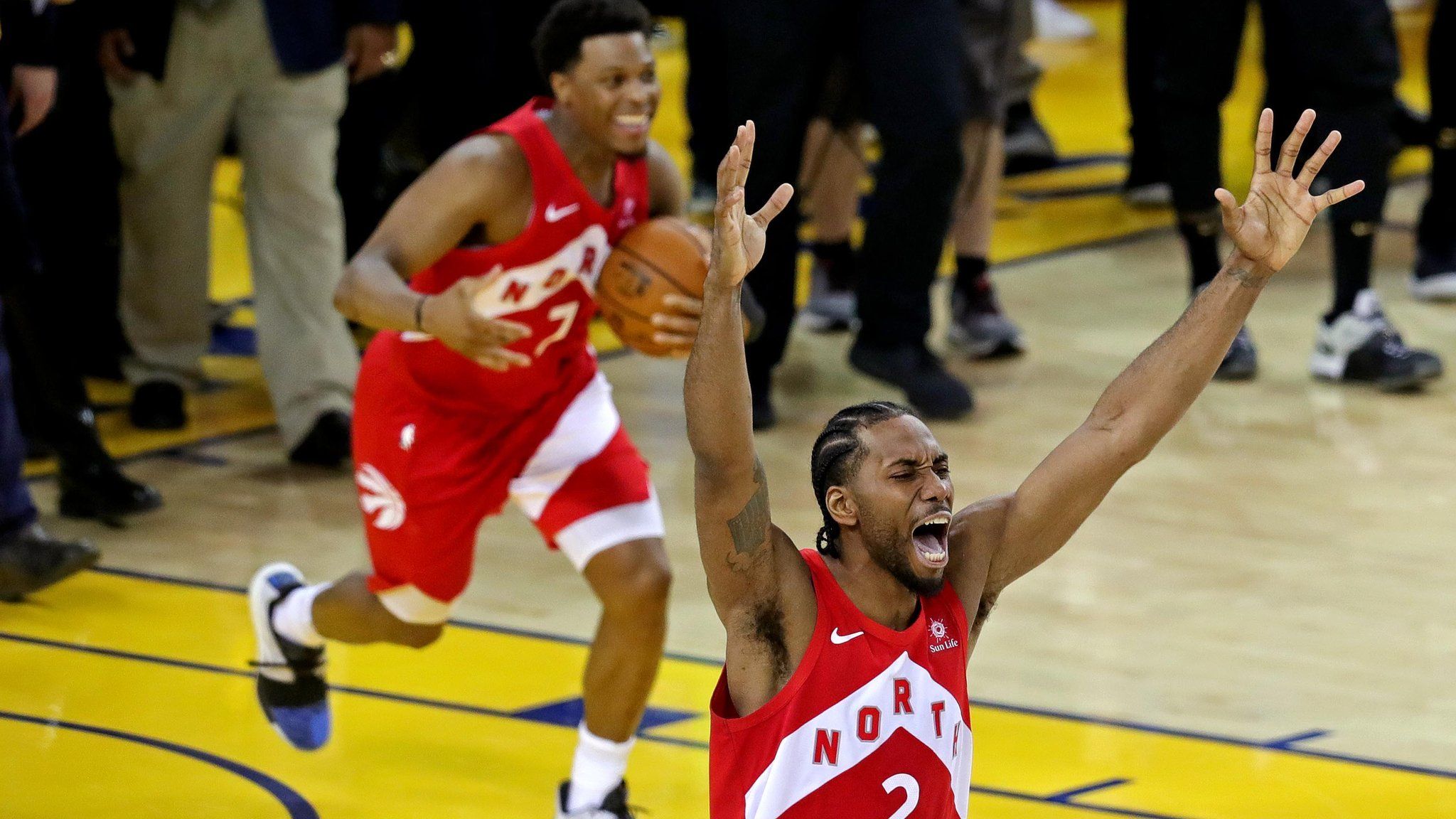 The Toronto Raptors' Kawhi Leonard celebrates the NBA Finals won over the Golden State Warriors