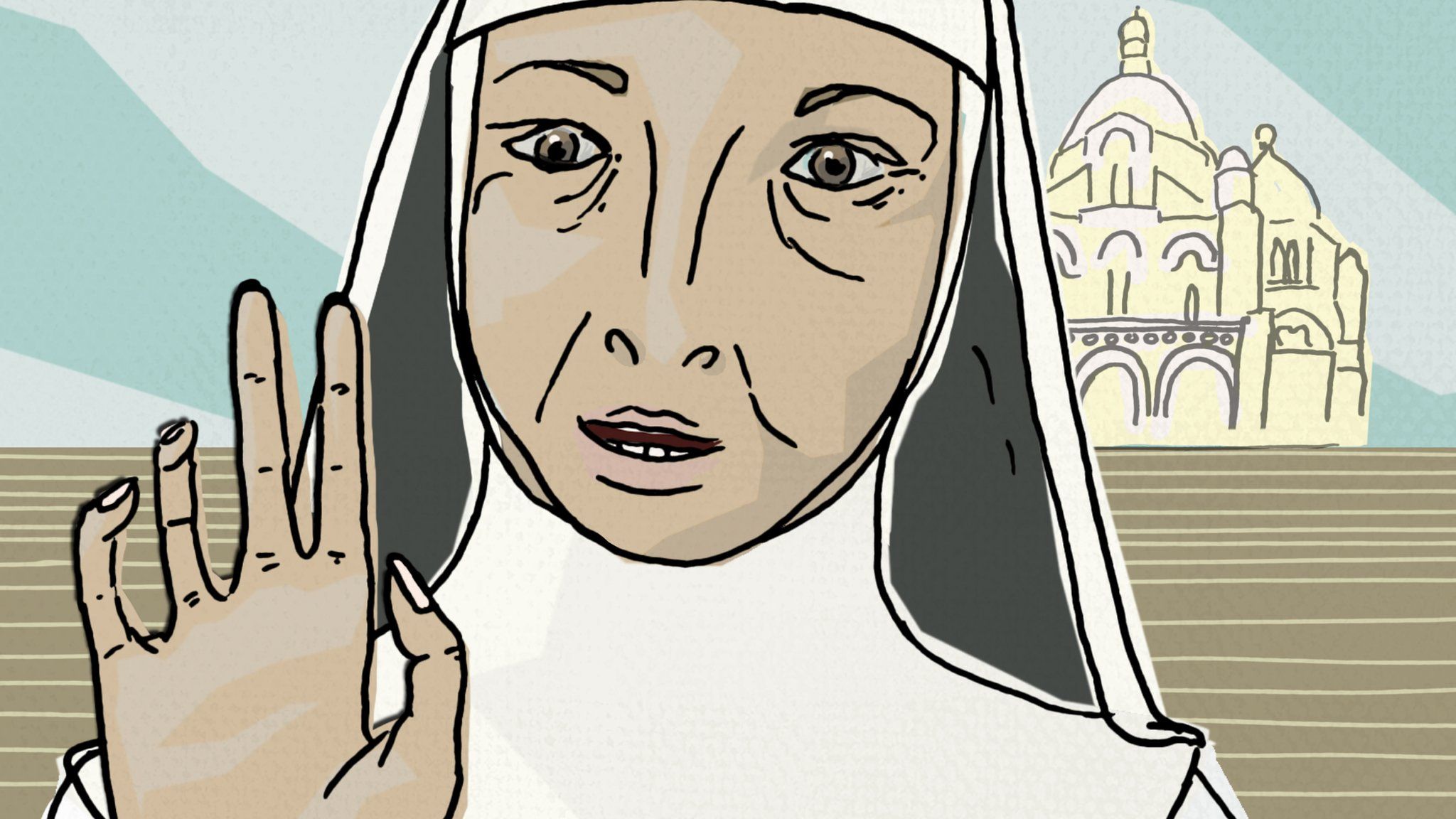 Illustration of nun on the steps in front of Sacre-Coeur