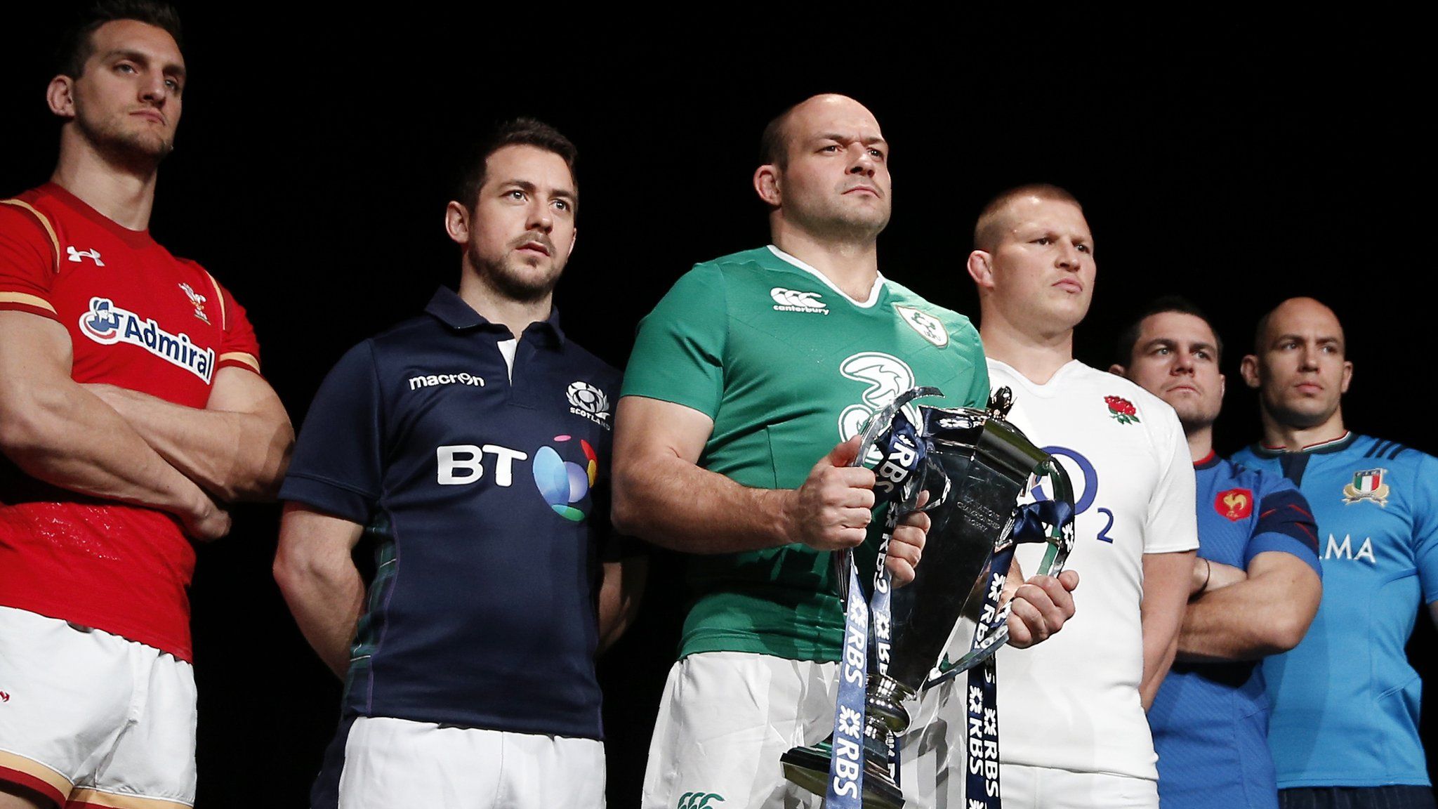2016 Six Nations captains: Wales' Sam Warburton, Scotland's Greg Laidlaw, Ireland's Rory Best holding the trophy, England's Dylan Hartley, France's Guilhem Guirado and Italy's Sergio Parisse