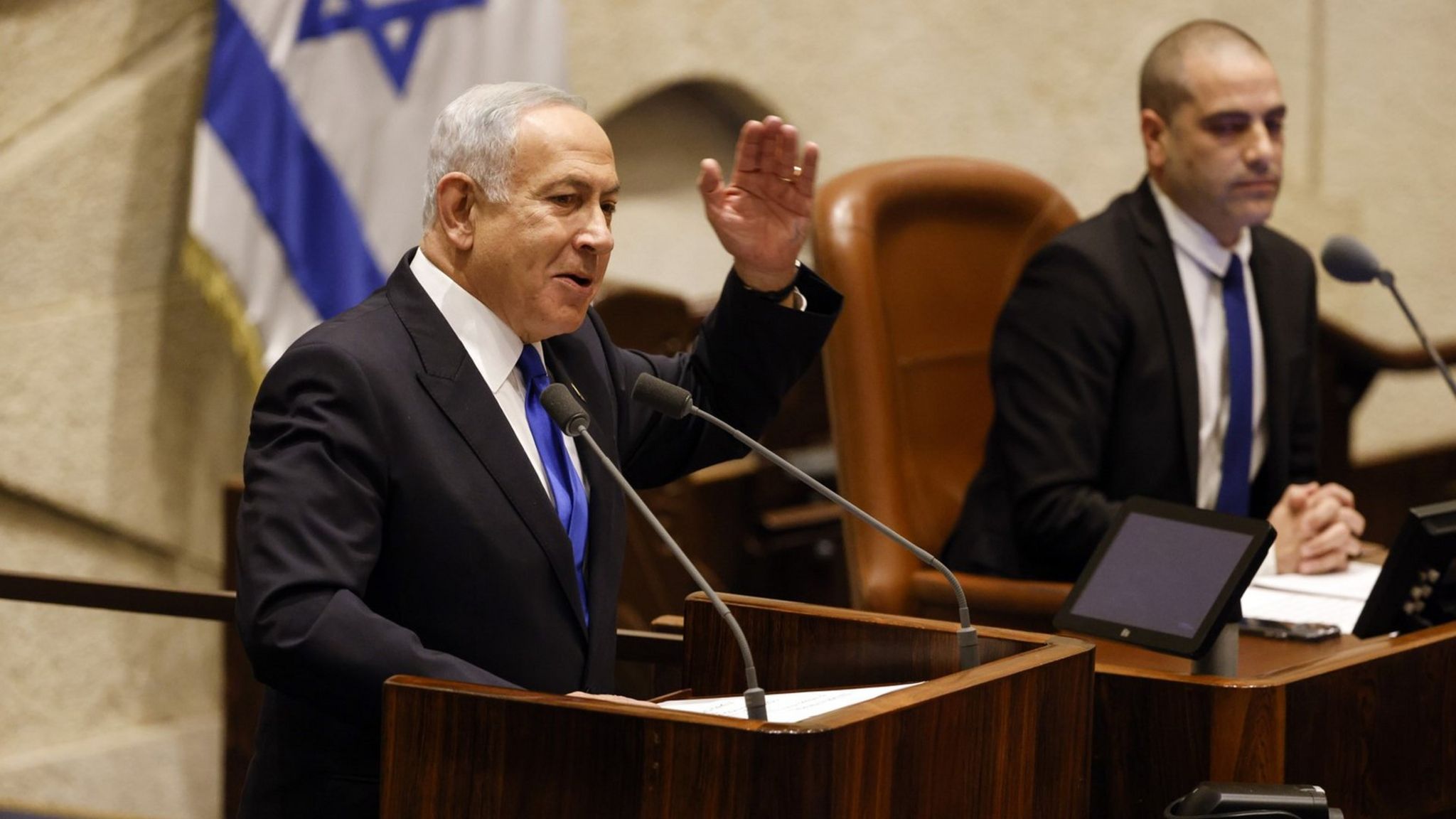 Benjamin Netanyahu addresses a special session of the Israeli Knesset in Jerusalem on 29 December 2022