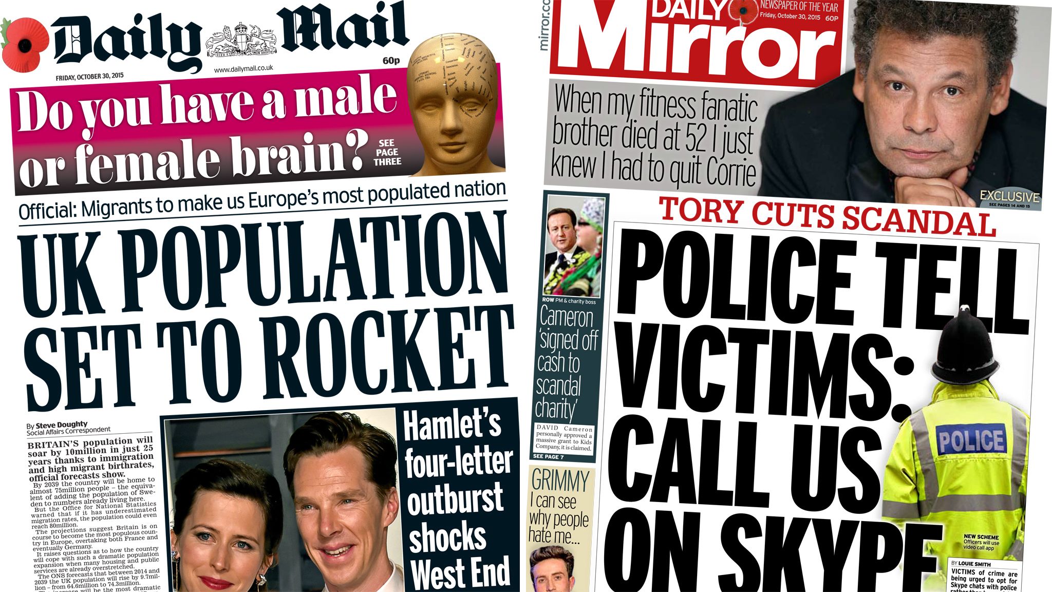 Daily Mail and Daily Mirror front pages - 30/10/15