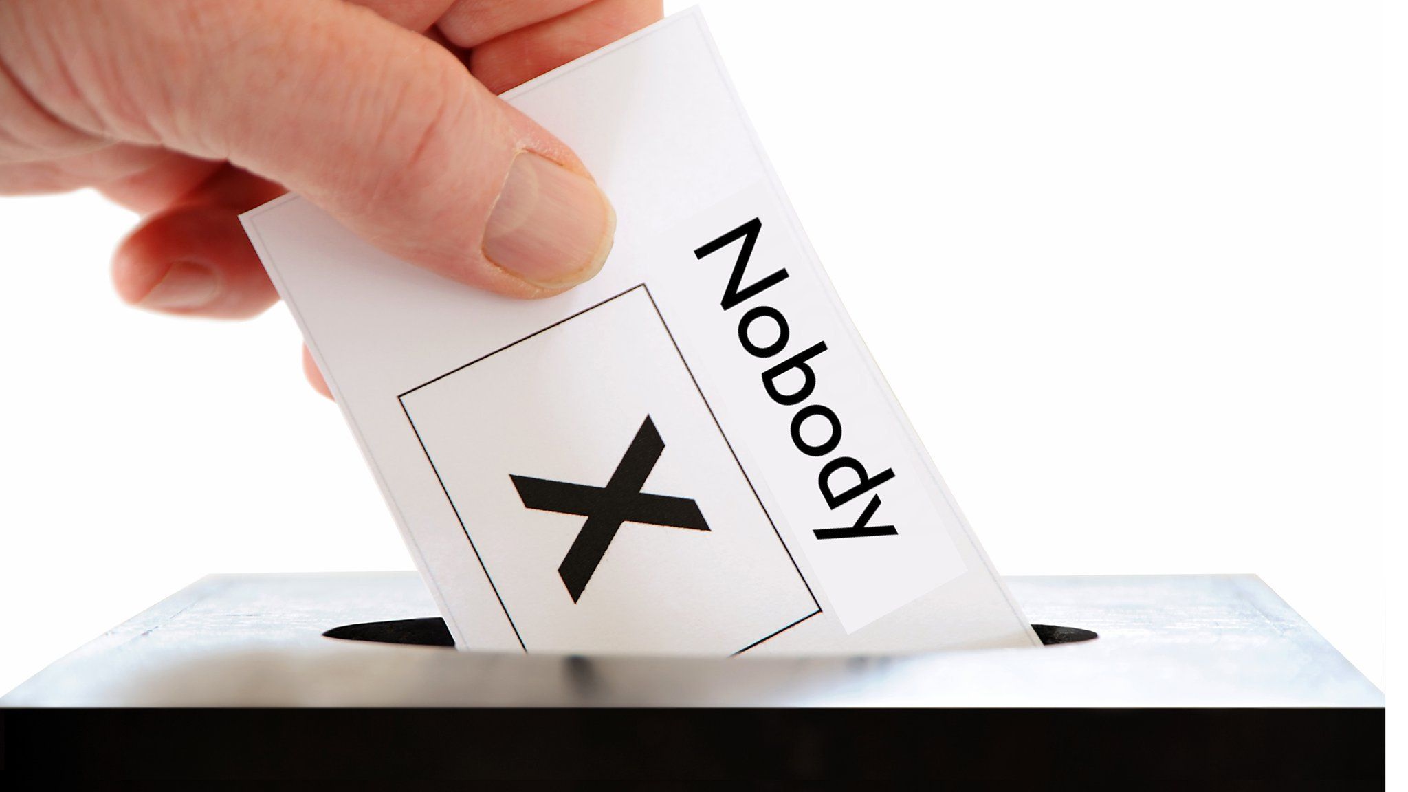 A man's hand dropping in a ballot for "nobody"