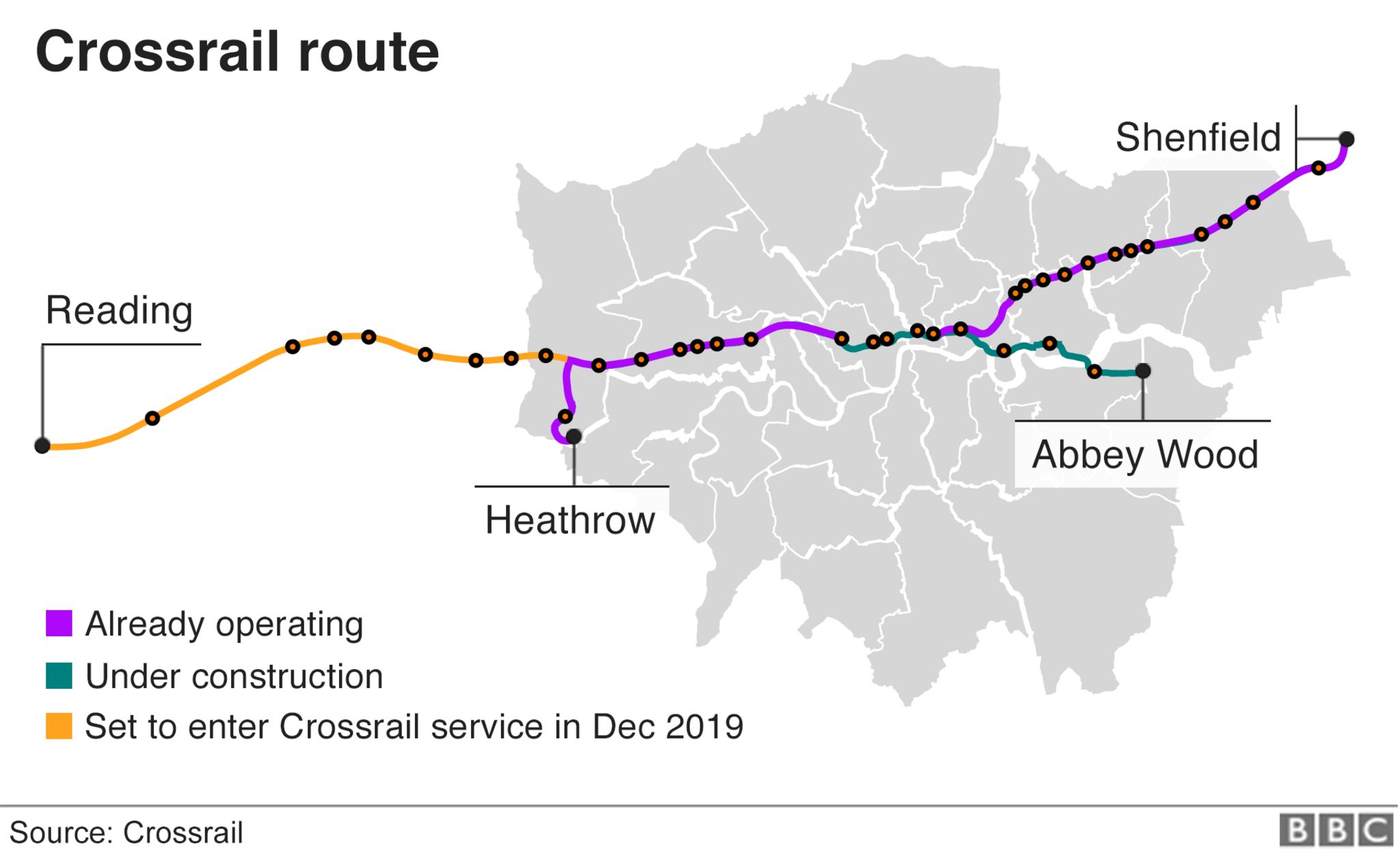 Map showing the Crossrail route