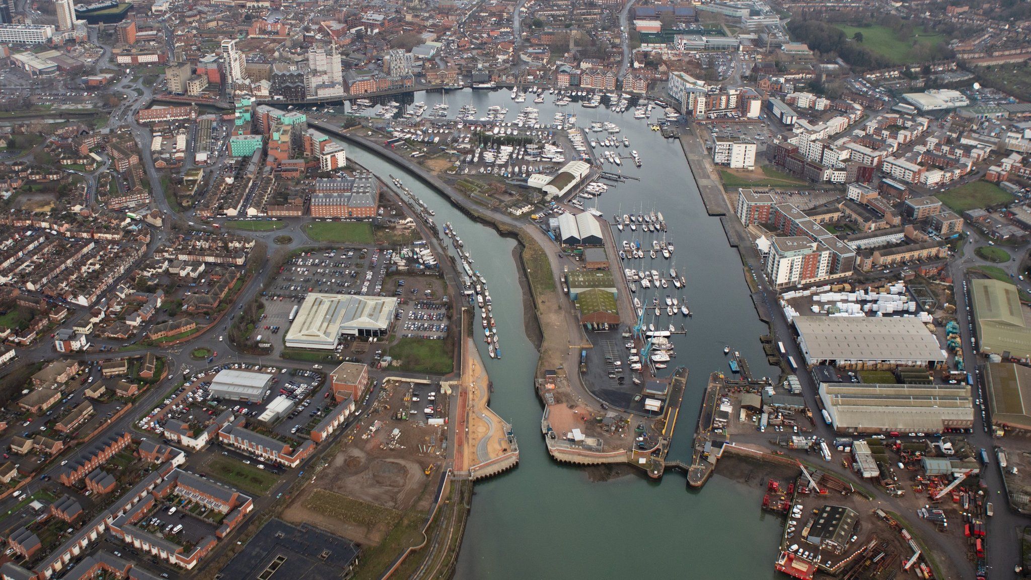 Ipswich waterfront with new tidal flood barrier