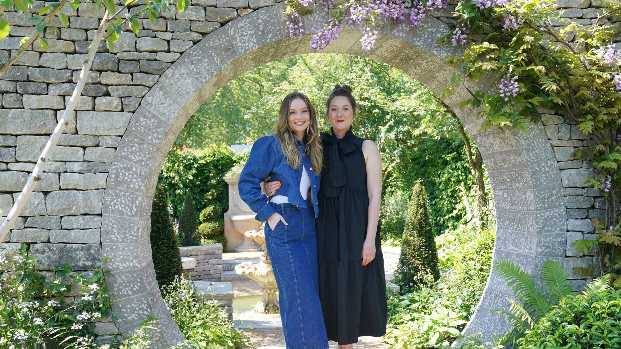ridgerton cast members Hannah Dodd (left) and Ruth Gemmell (right) in the Bridgerton Garden, during the RHS Chelsea Flower Show at the Royal Hospital Chelsea in London