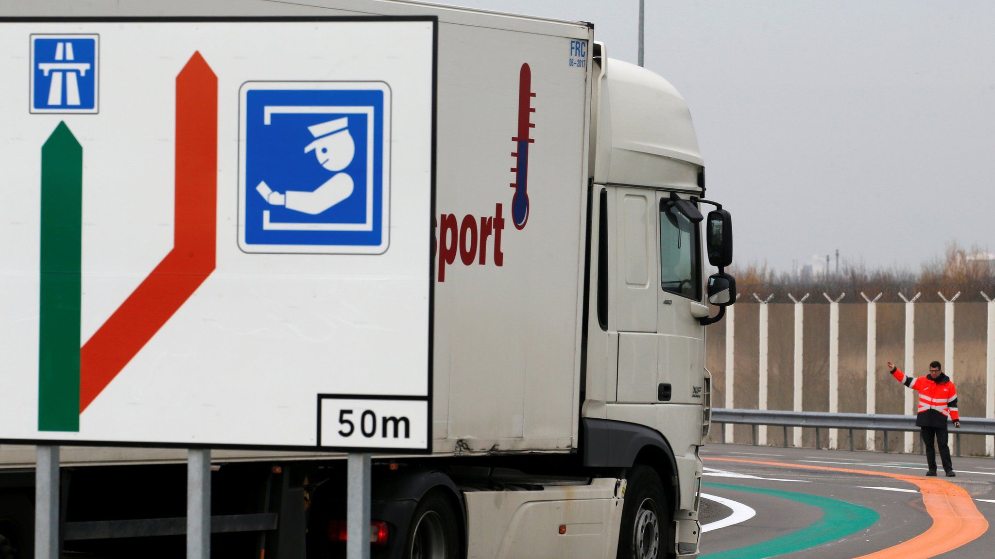lorry next to customs sign at French terminal