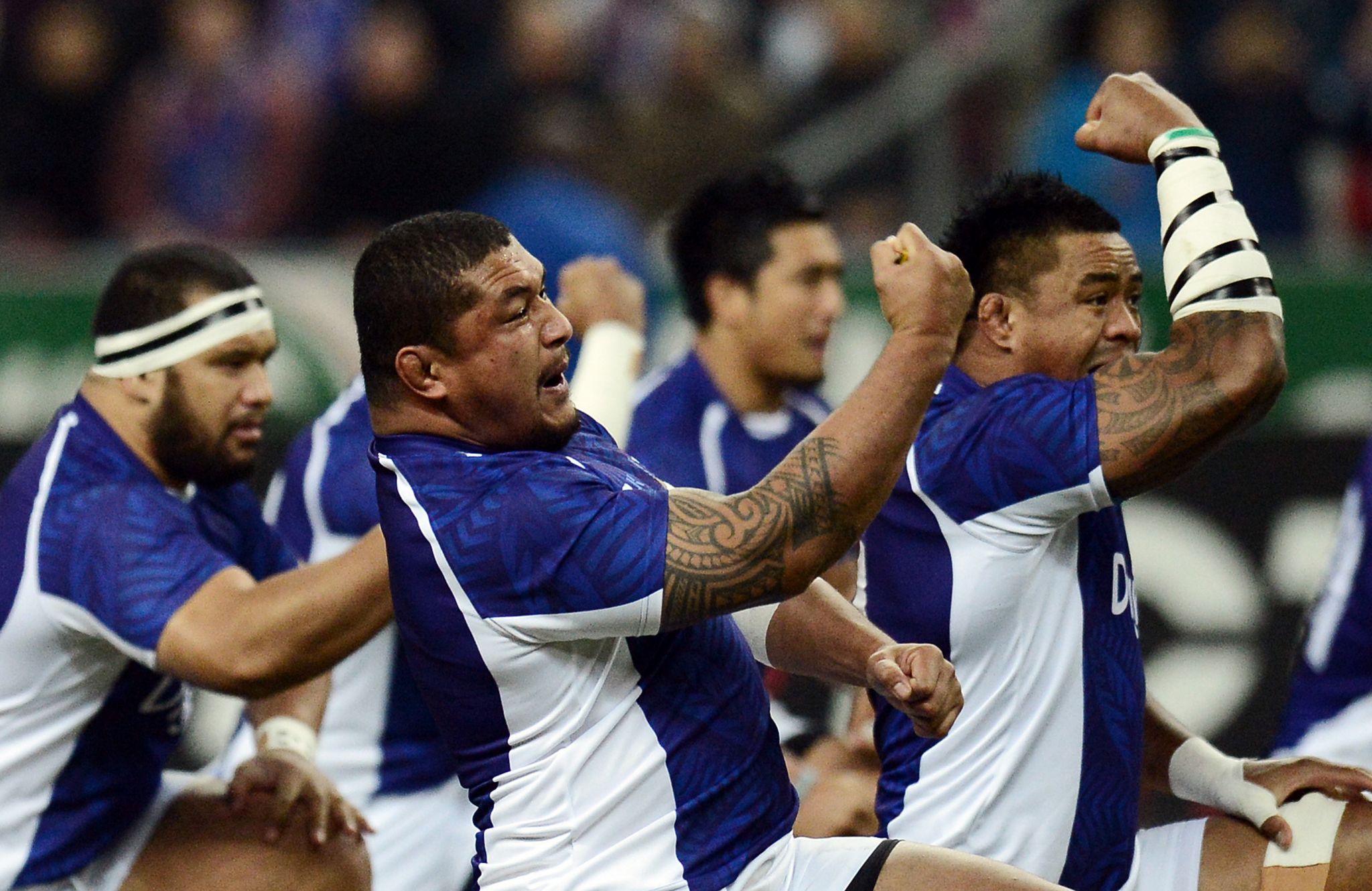 Samoa's players perform the haka during the rugby union Test match France vs Samoa at the Stade de France on November 24, 2012 in Saint-Denis, north of Paris