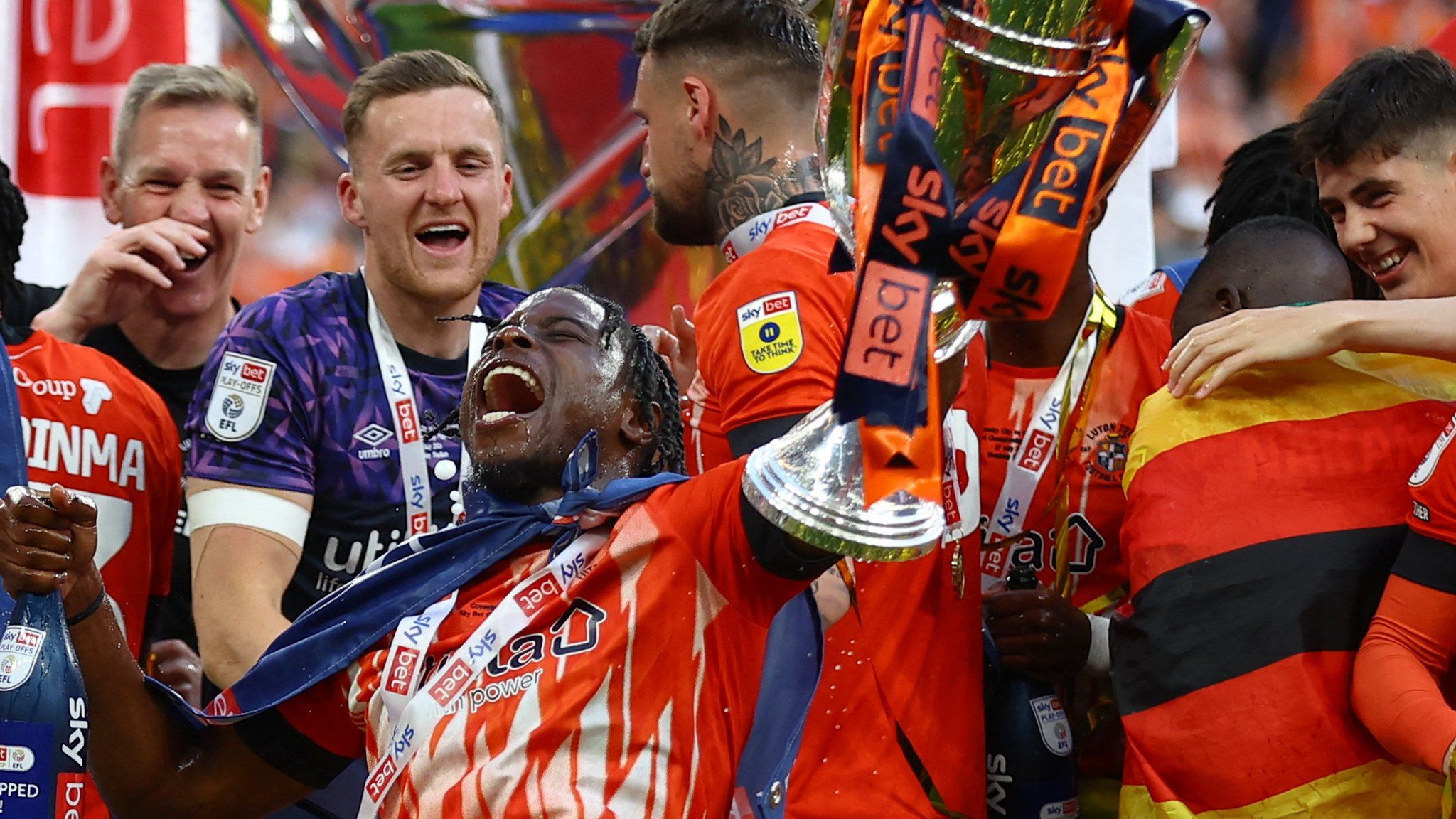 Luton celebrate promotion to the Premier League