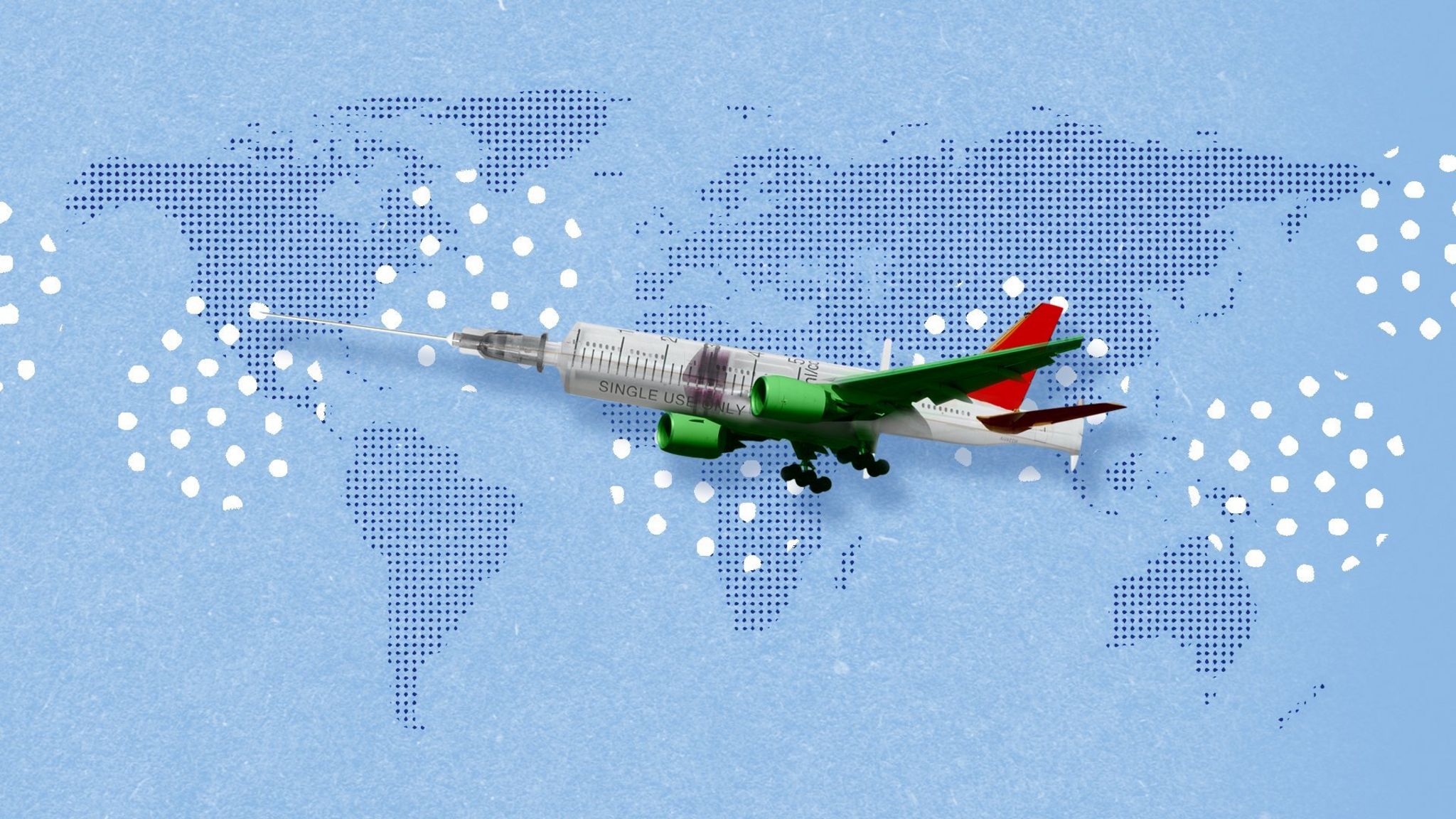Collage art of an aeroplane that is also a syringe