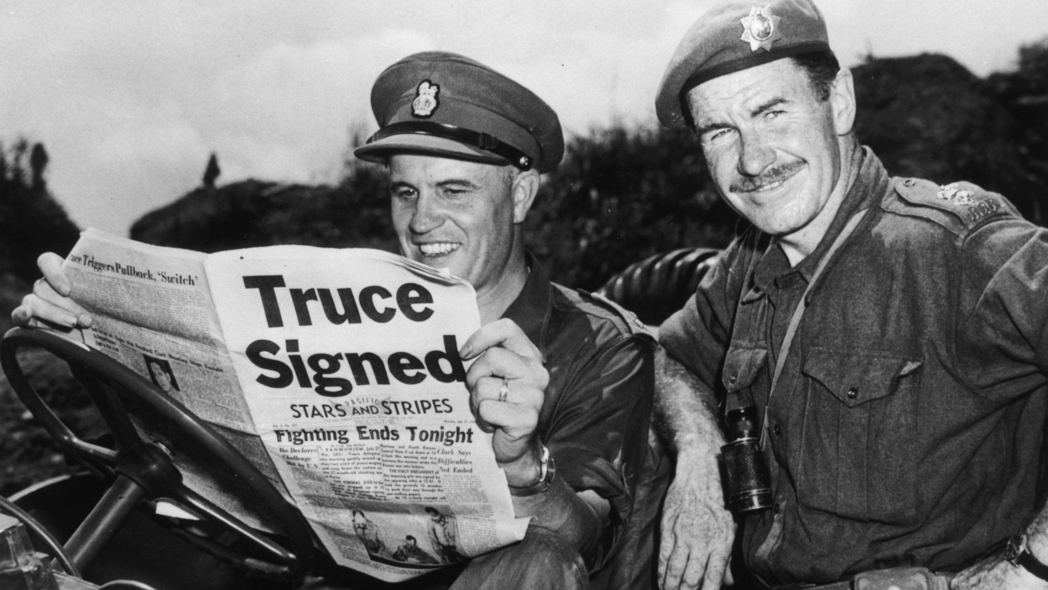 Brig Jean Allard, commanding officer of the Canadian Brigade, breaks the news of a truce in the Korean war to Col K L Campbell, commander of the 3rd battalion of the RCRS, on 2 August 1953