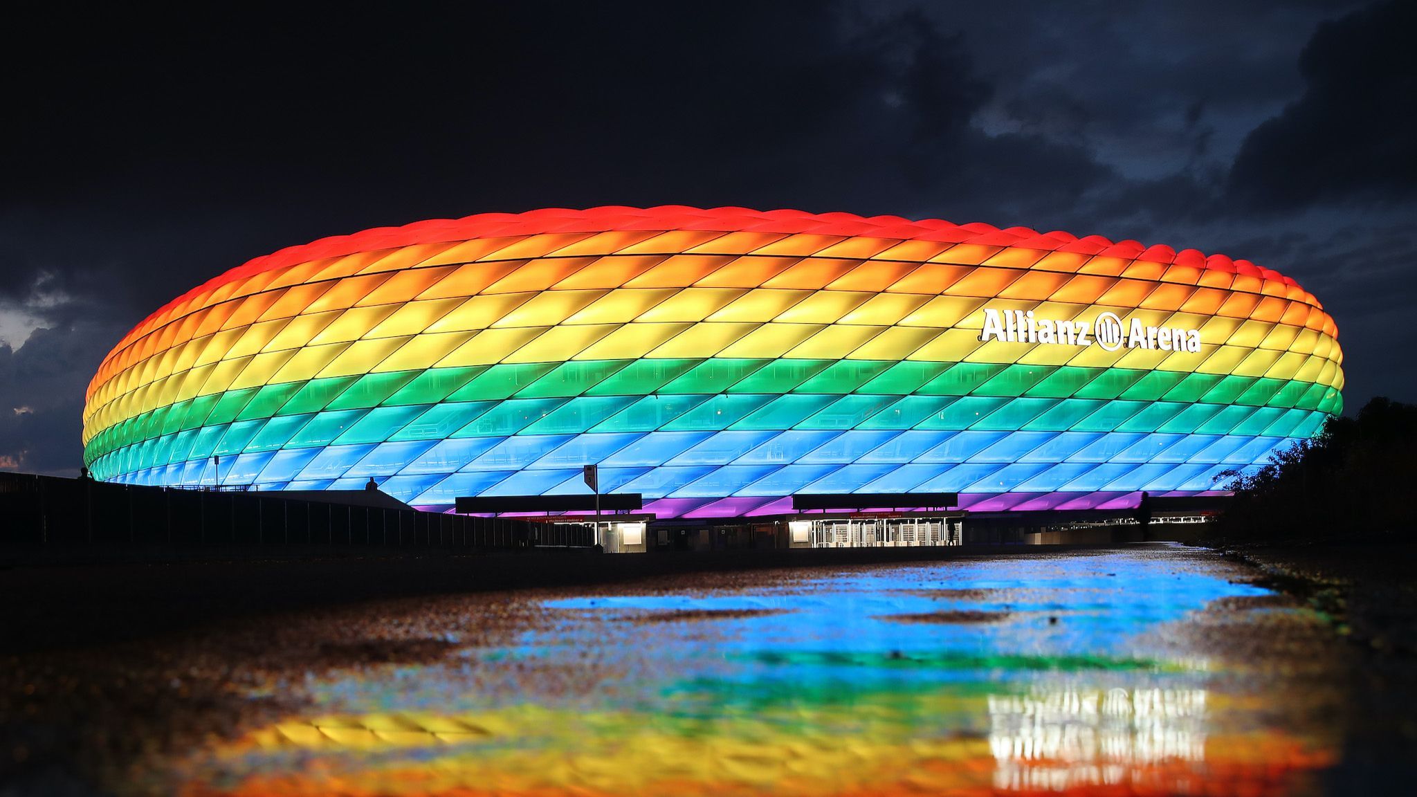 Allianz Arena lit up in rainbow colours