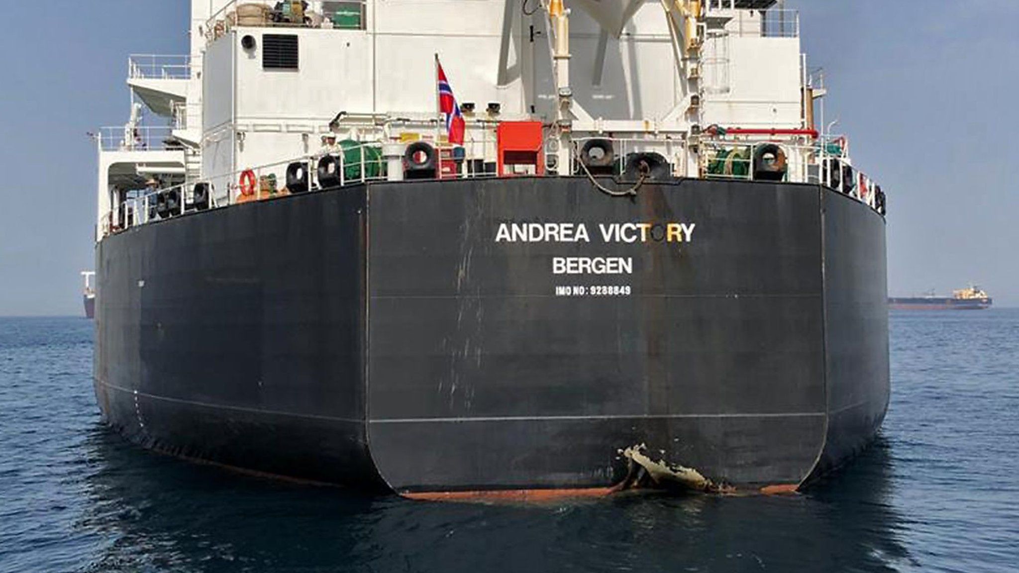 Handout photo showing damage to hull of Norwegian oil tanker Andrea Victory off coast of the UAE (13 May 2019)
