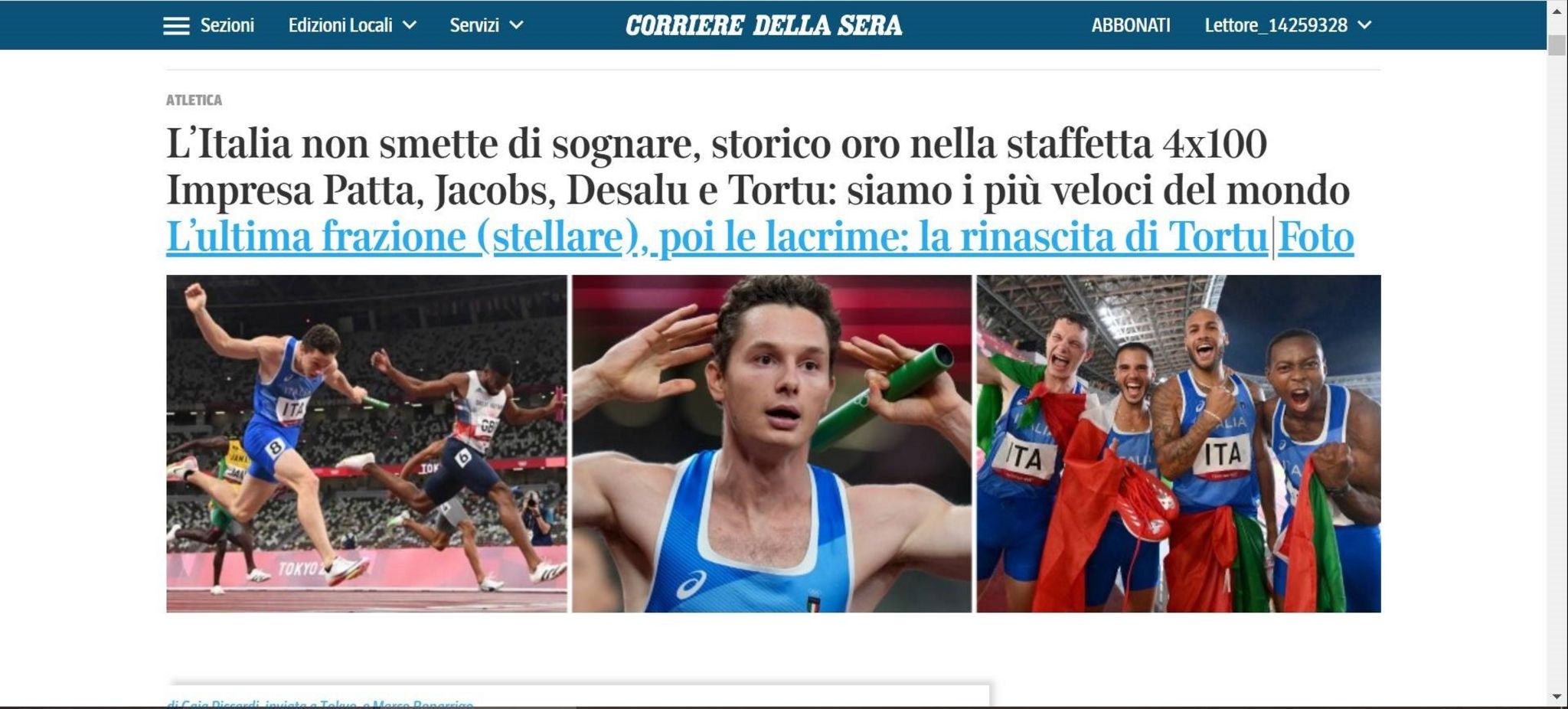 The front page of the Corriere Della Sera website