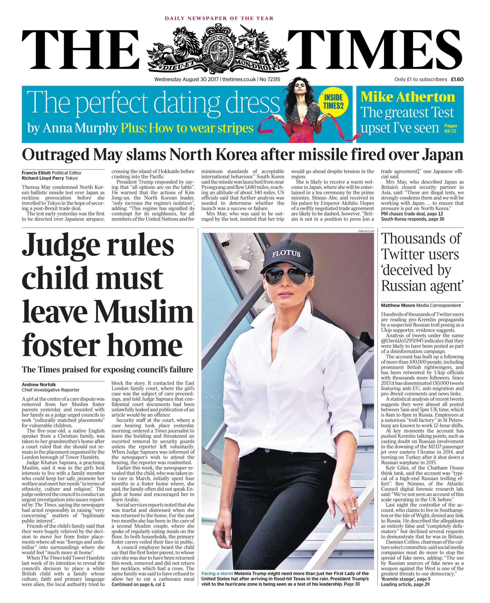 The Times front page of a story on the case from August 2017