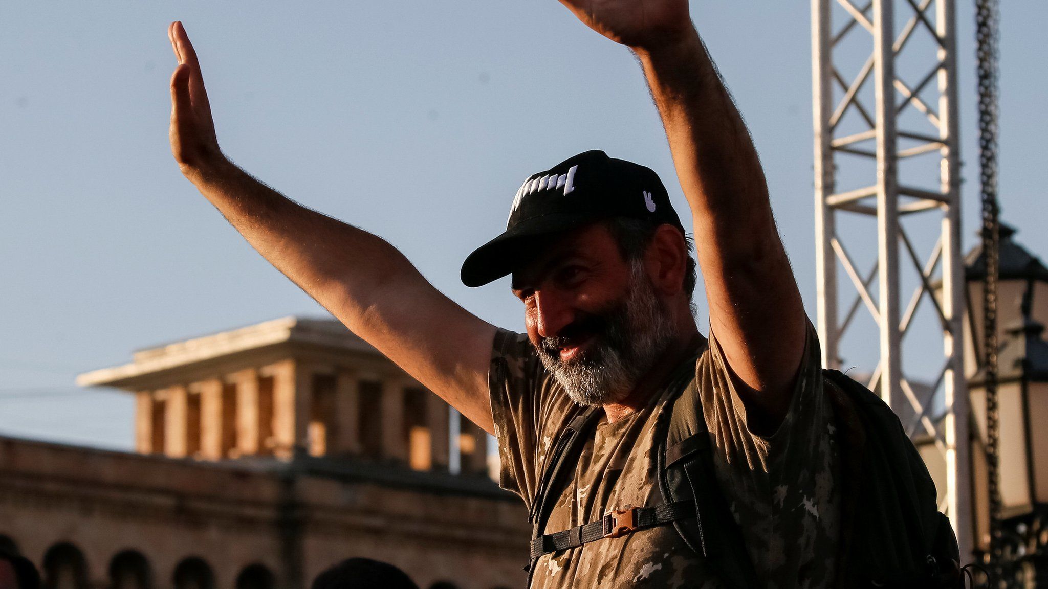 Armenian opposition leader Nikol Pashinyan waves to his supporters at a rally in Yerevan, Armenia May 2, 2018.