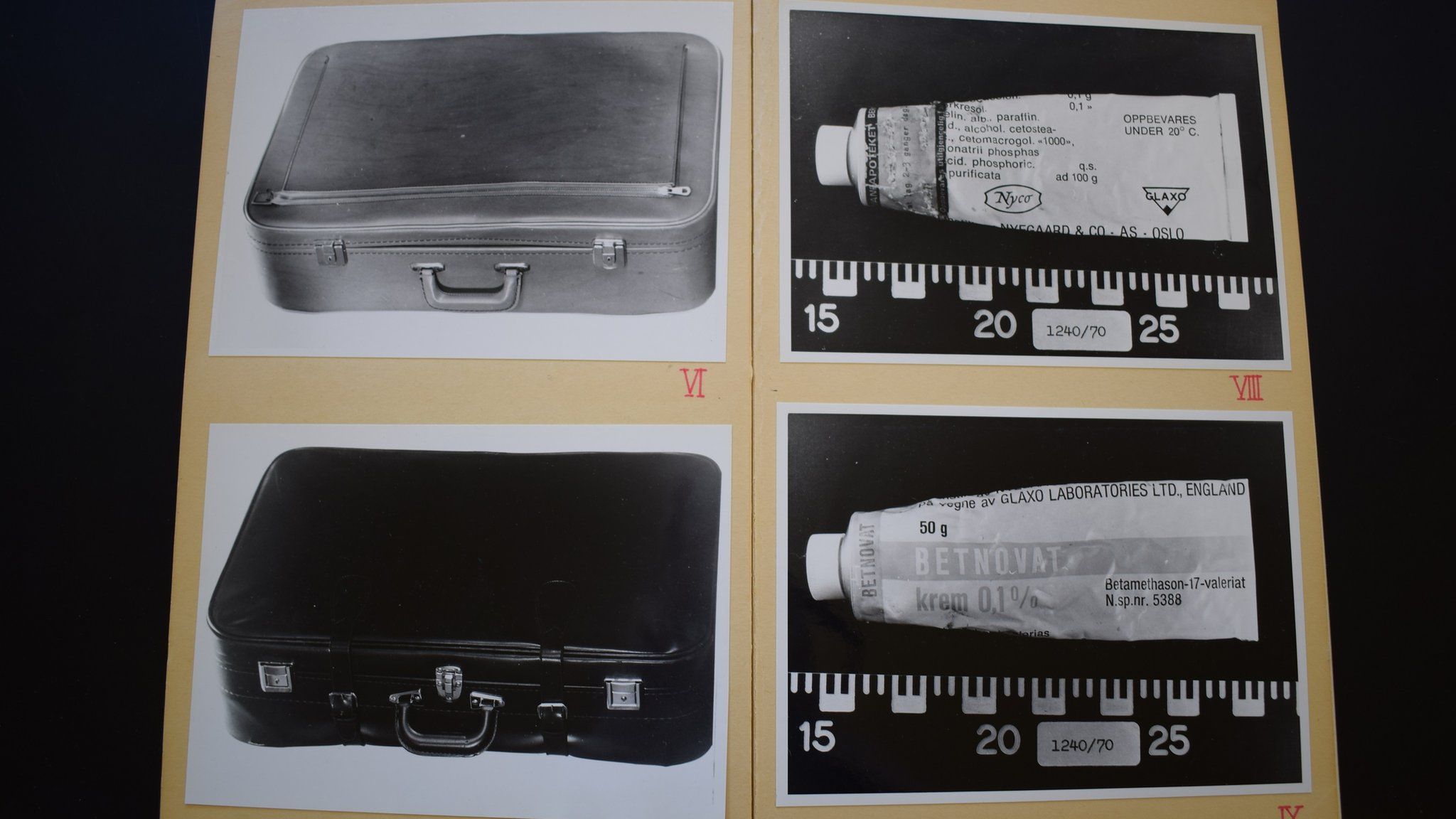 Police photos from the Bergen State Archives showing the two suitcases and the eczema cream