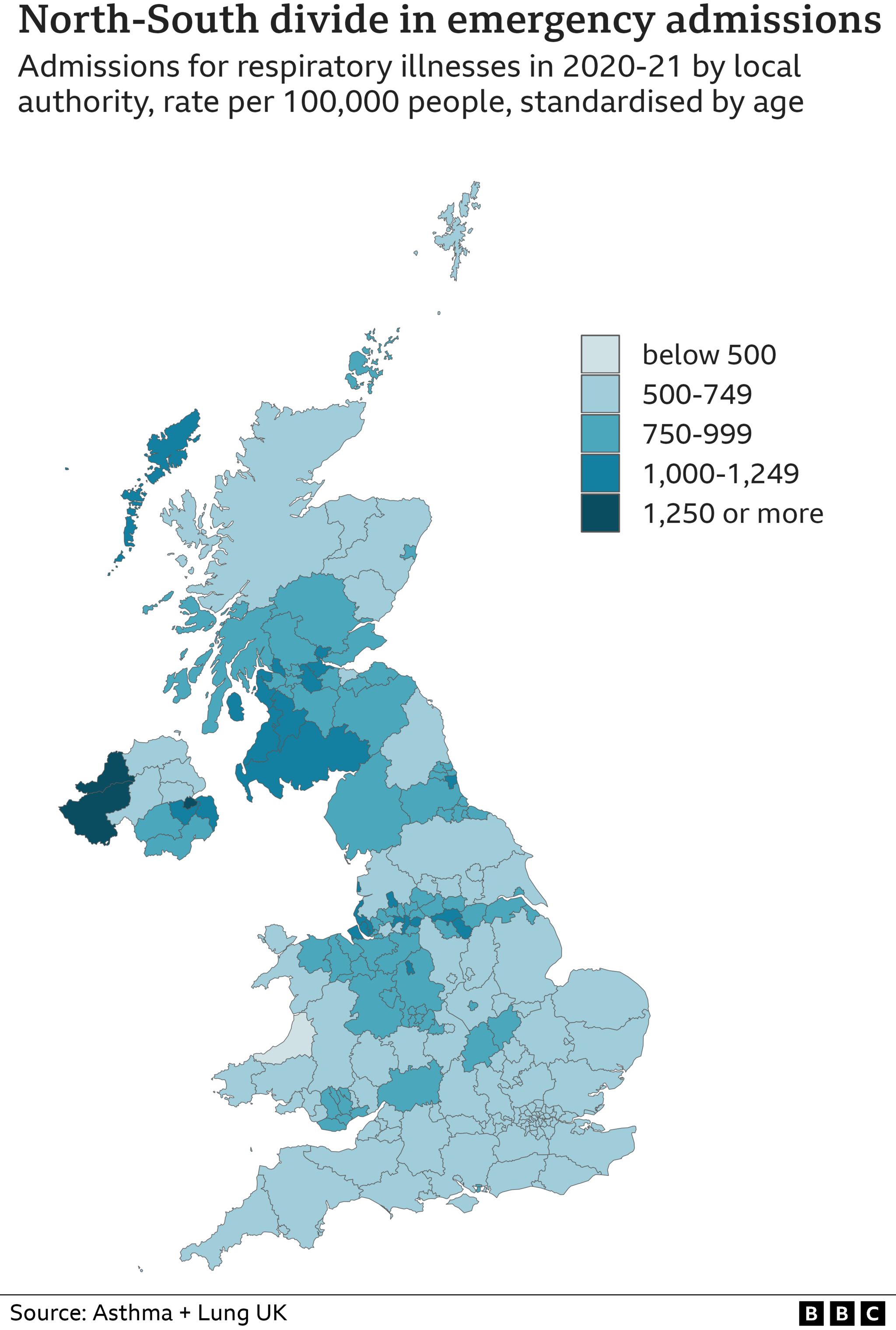 Карта, показывающая уровень заболеваний легких в Великобритании