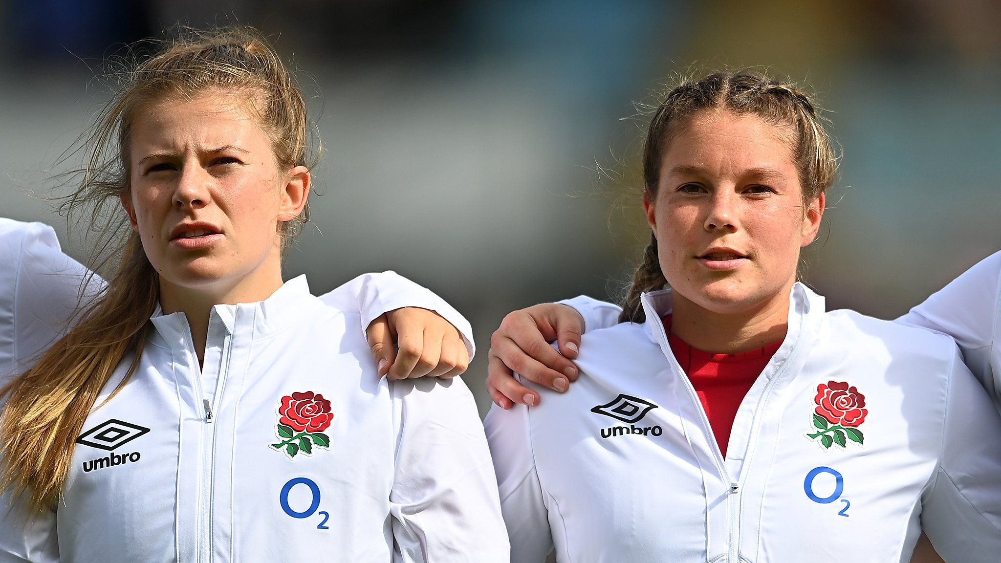 Zoe Harrison (left) and Jess Breach line up for England during the national anthem