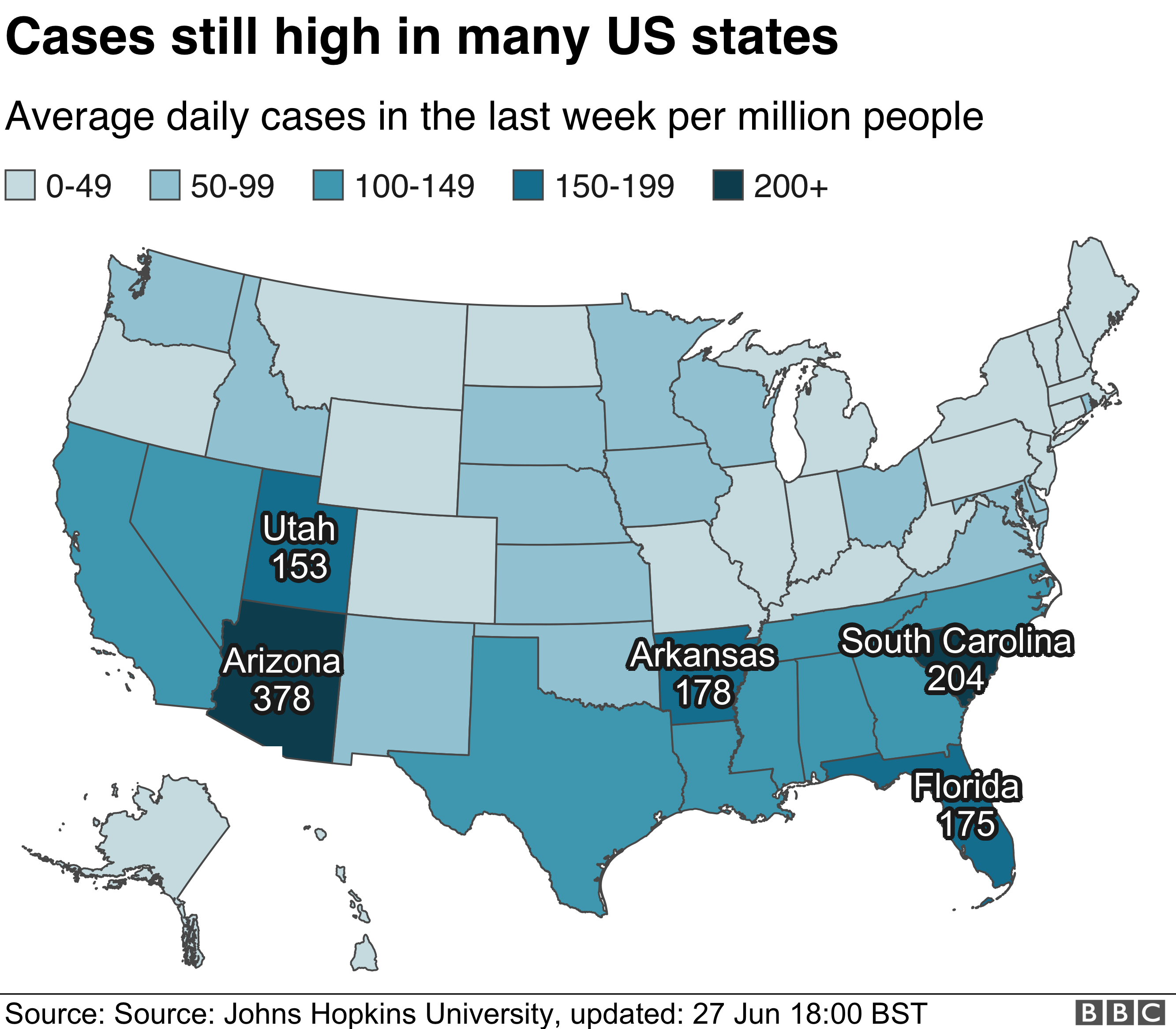 Map showing average daily cases in the US