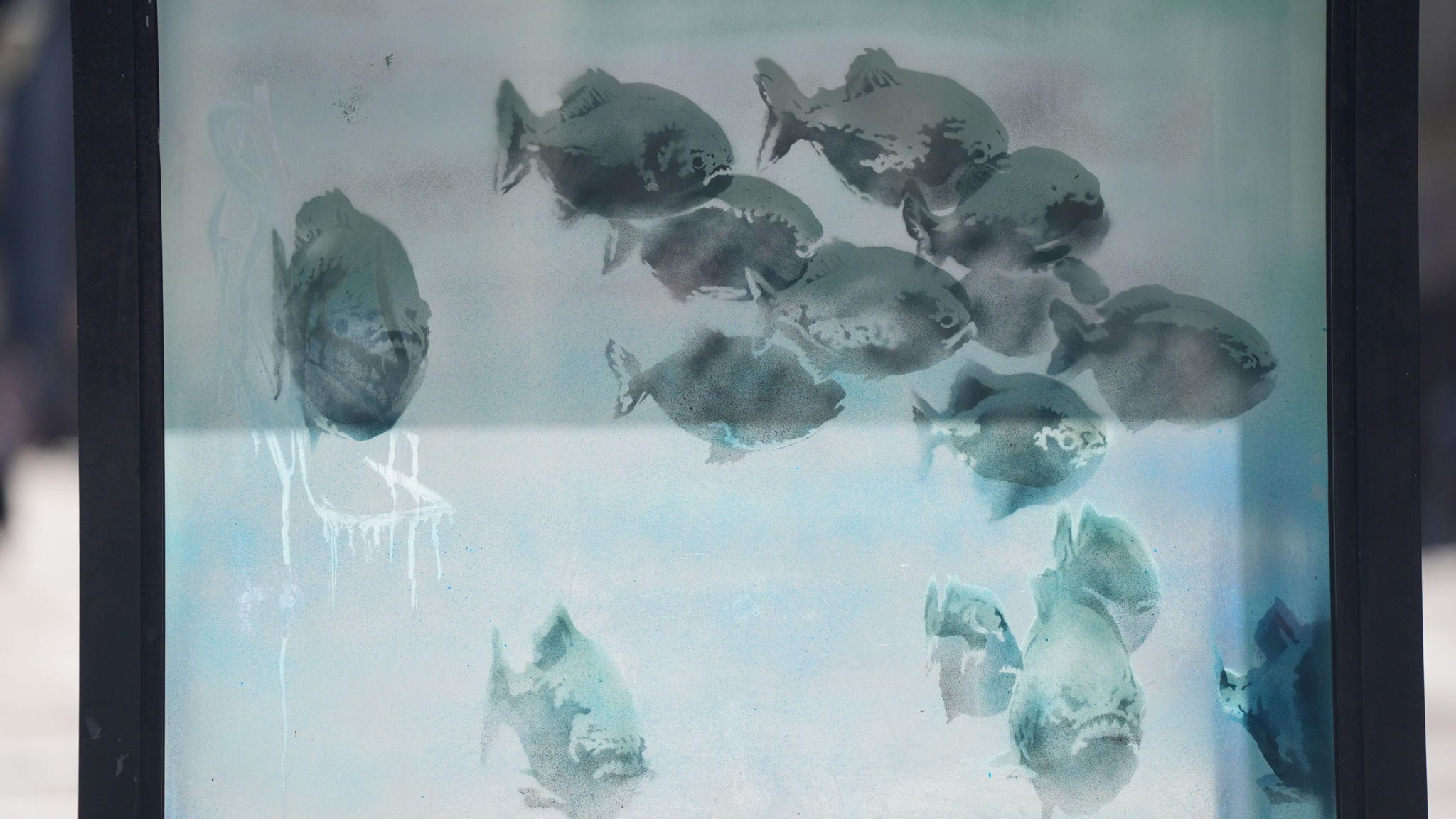 The possible Banksy artwork of a shoal of fish on a police sentry box in Ludgate Hill, London