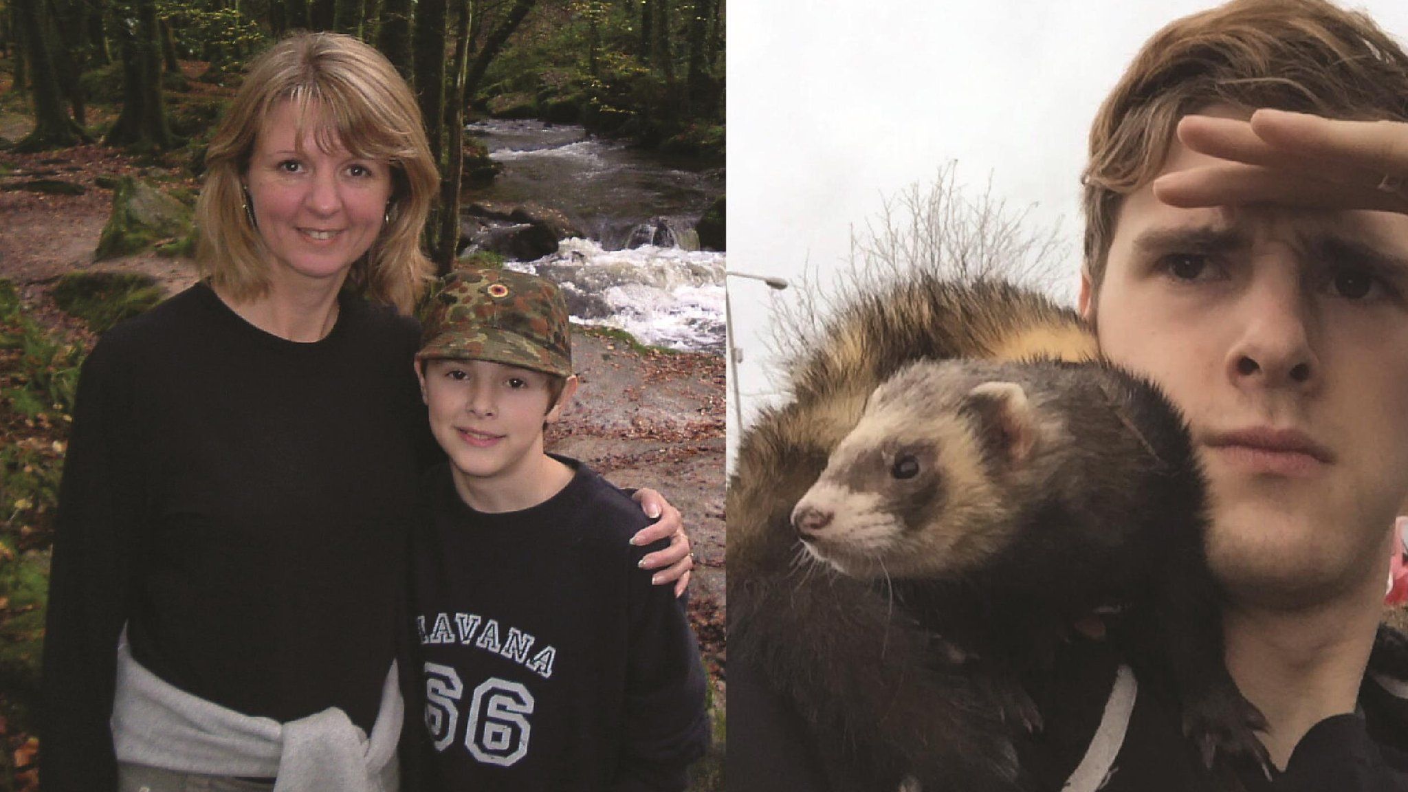 Charlie aged about 10 with his mum Jan and with Bandit the ferret