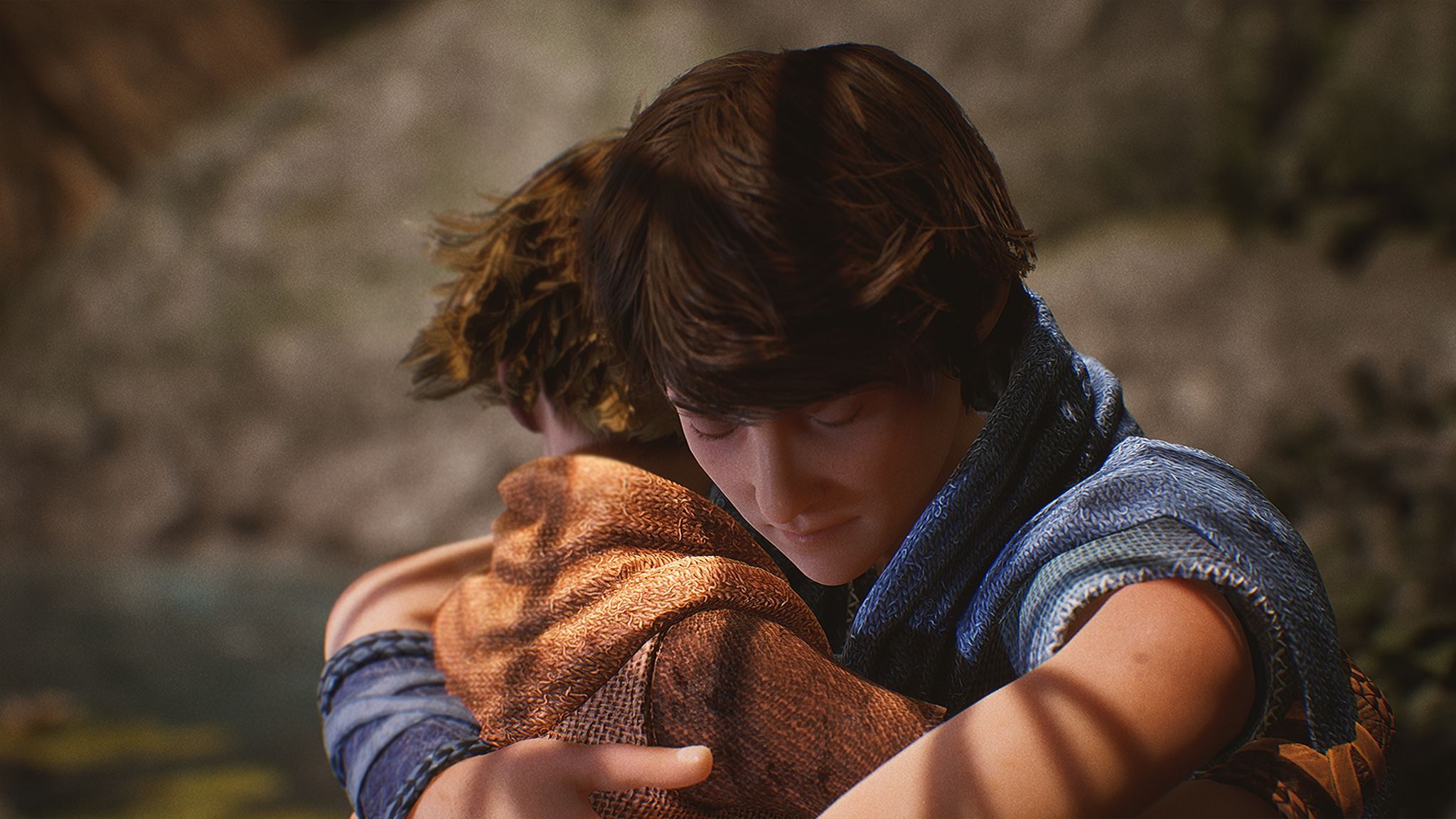 A teenage boy with black hair hugs a younger blonde boy in a computer-generated image. They both wear old-world clothes which appear to be made from a sack-like material, denoting a fantasy setting. The older boy's eyes are closed and the embrace looks tender.