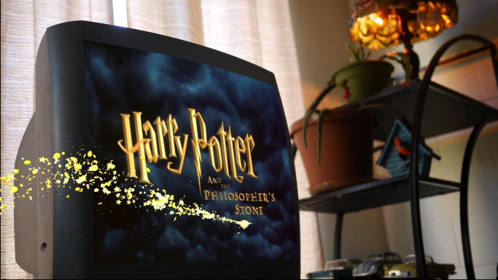 Harry Potter titles on a tv screen