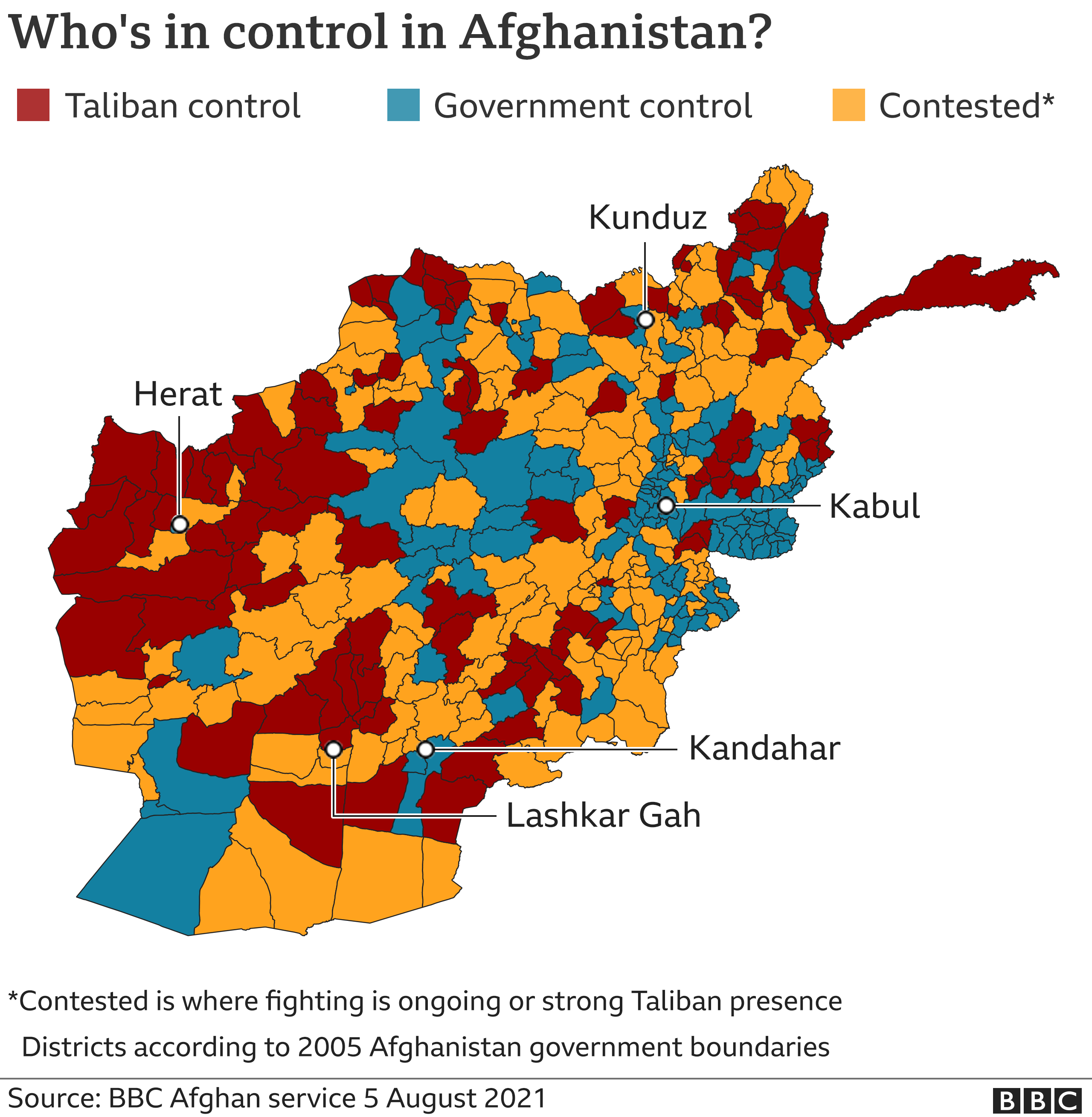 Map showing areas which are contested, under full Taliban or under government control, updated 5 August 2021