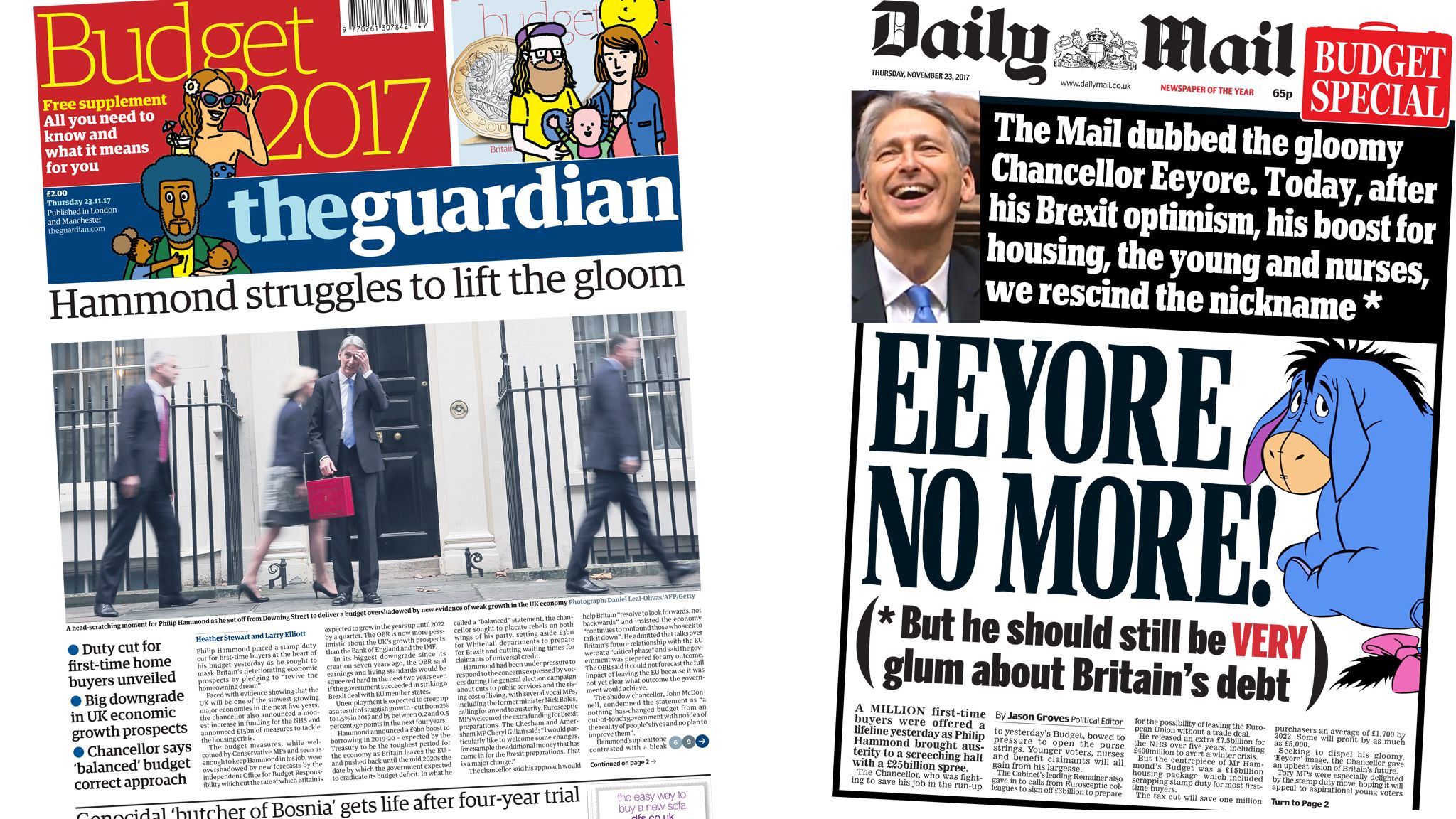 Guardian and Daily Mail front pages for 23/11/17