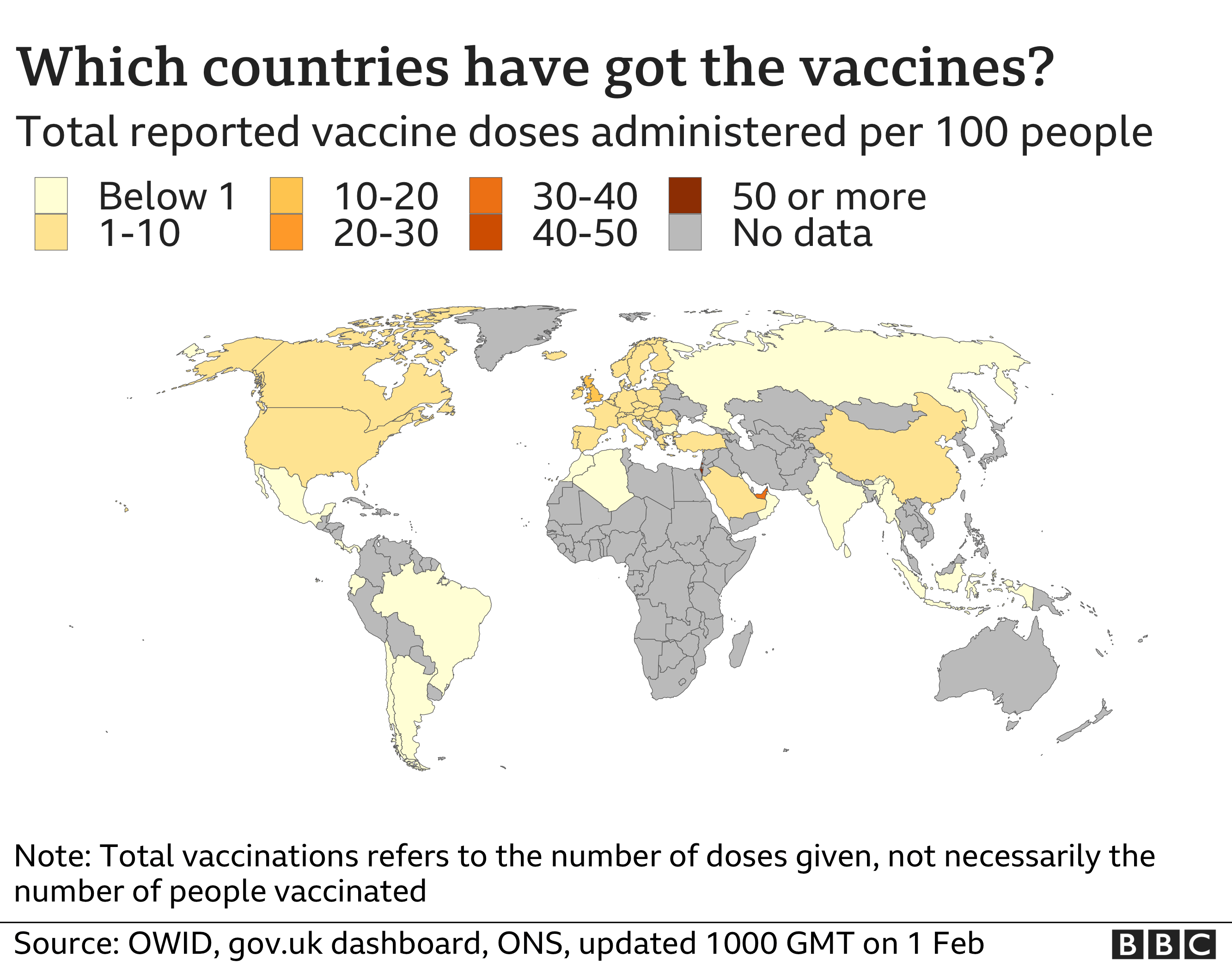 Карта, показывающая количество введенных доз вакцины на 100 человек. Обновлено 1 февраля