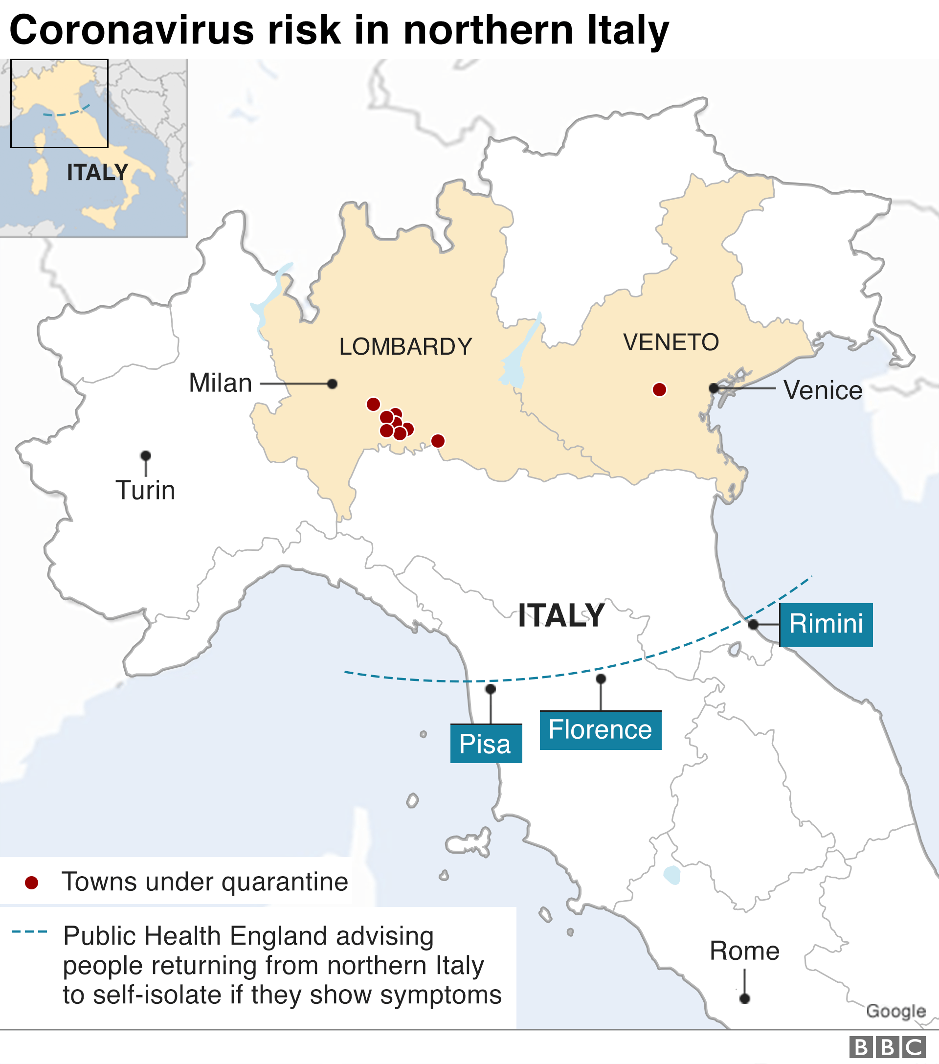 Italy map showing quarantined areas