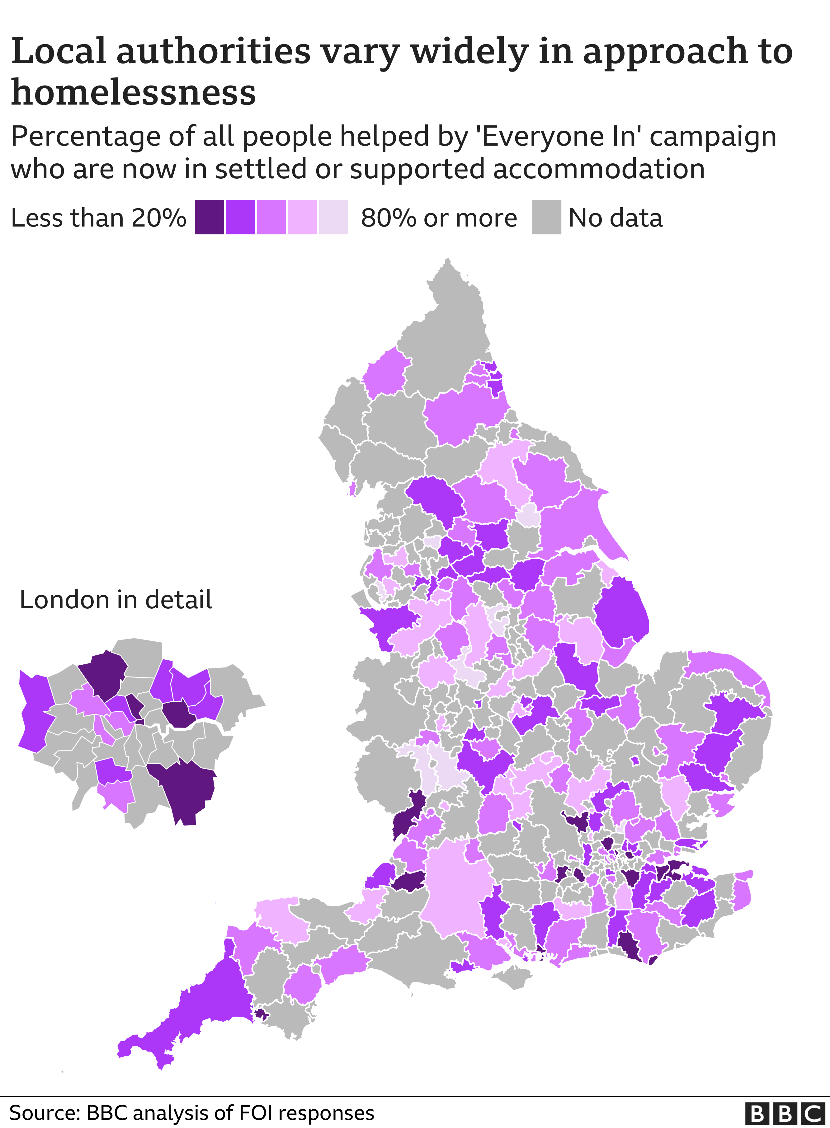 Map of England showing the percentage of those helped by the Everyone In scheme who have been placed in supported or settled accommodation by area