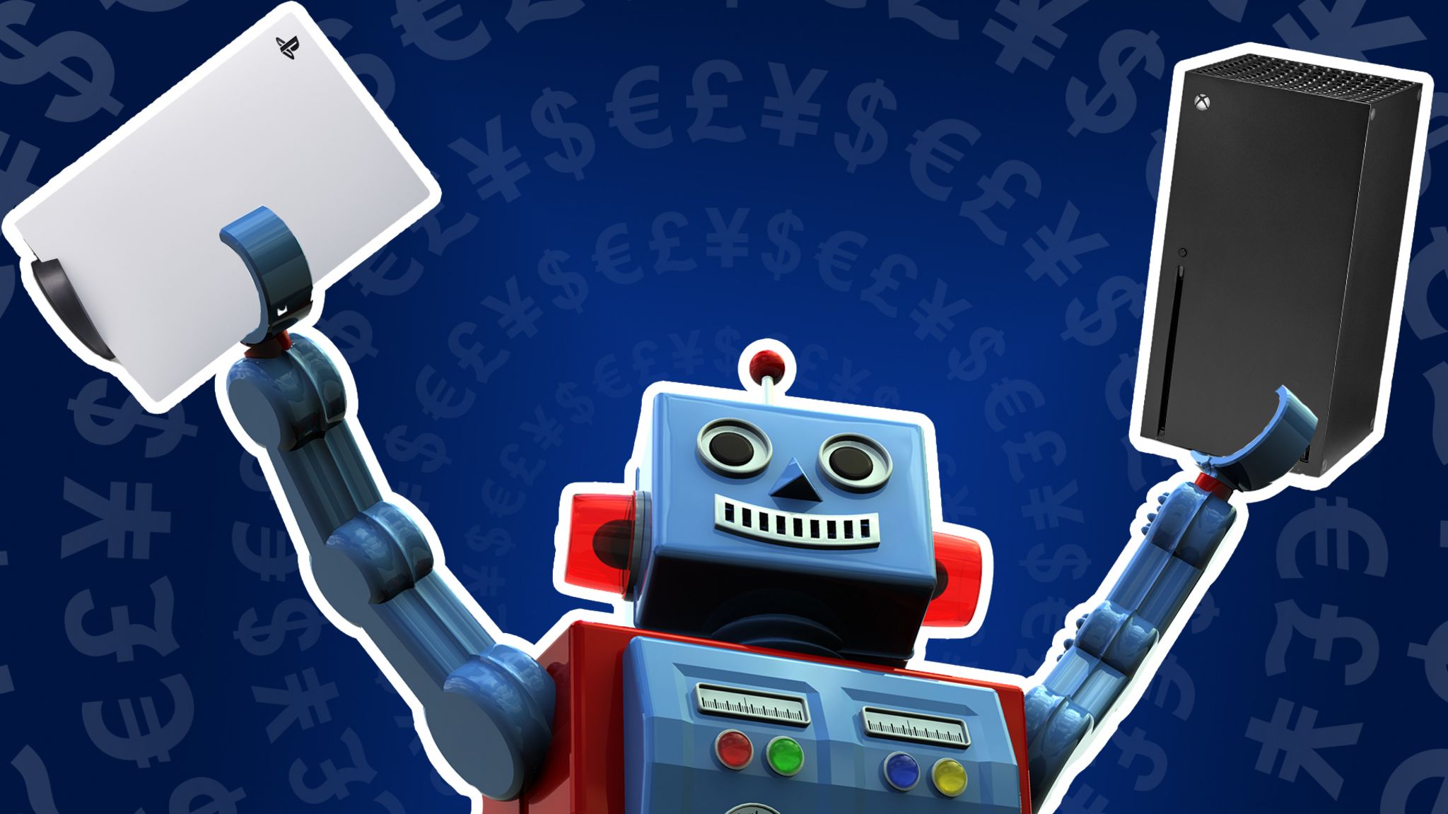 A photo illustration shows a toy robot waving a PlayStation 55 and Xbox Series X in the air, against a blue background littered with currency symbols radiating outwards in concentric symbols