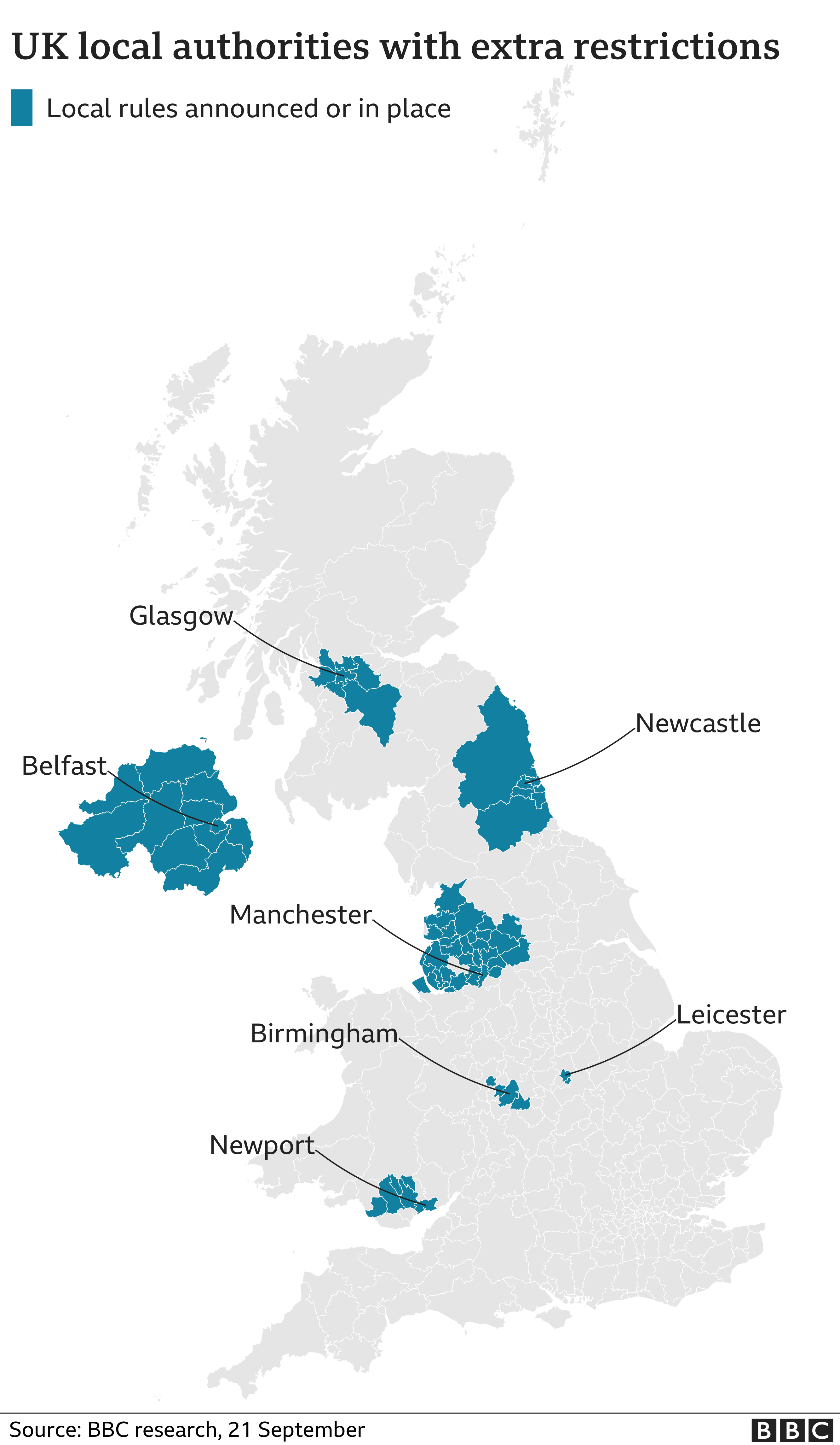 UK map shows restrictions extended to all of N Ireland, updated 21 Sep