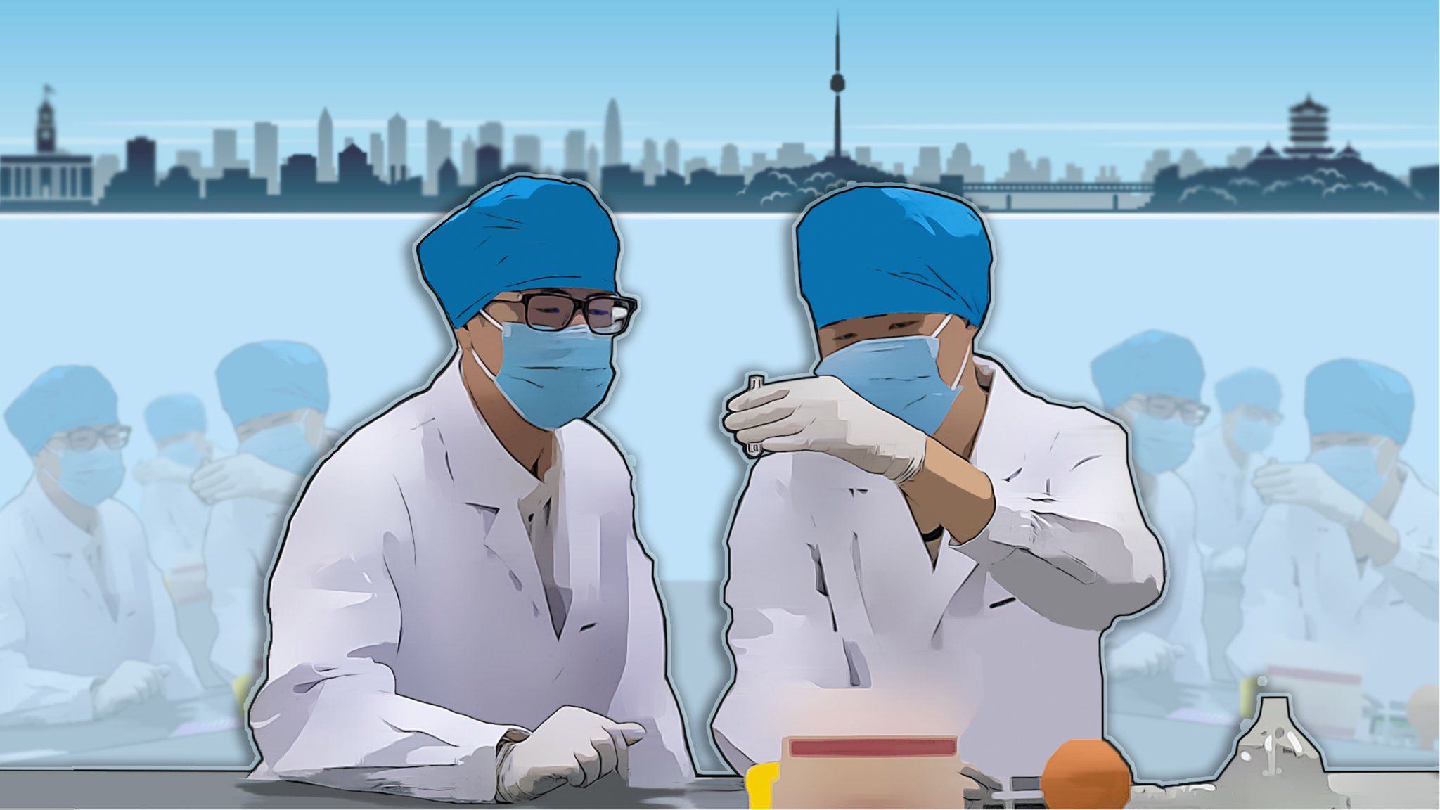 Artwork - scientists at work with Wuhan cityscape behind
