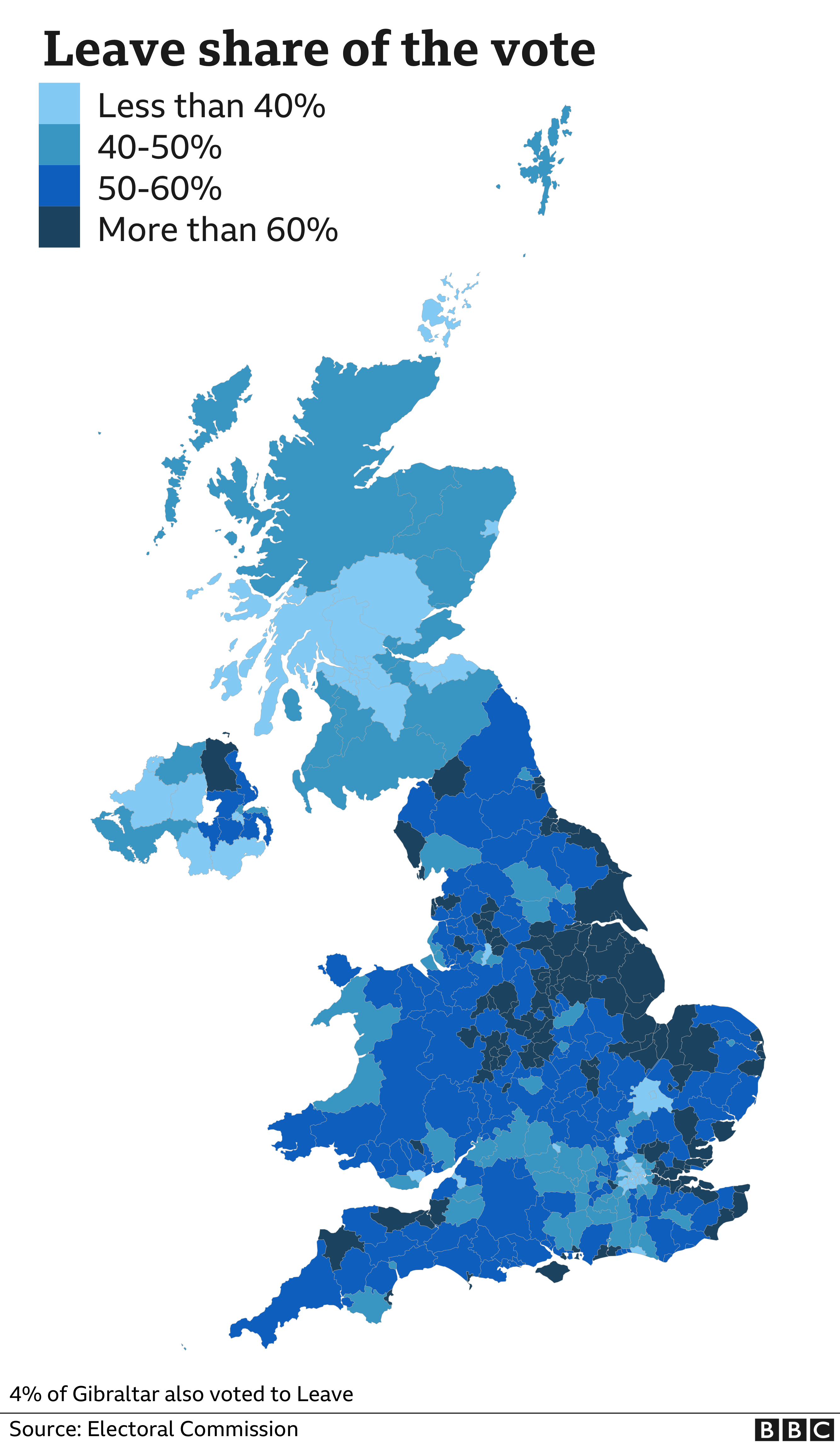 Leave share of the vote in each area