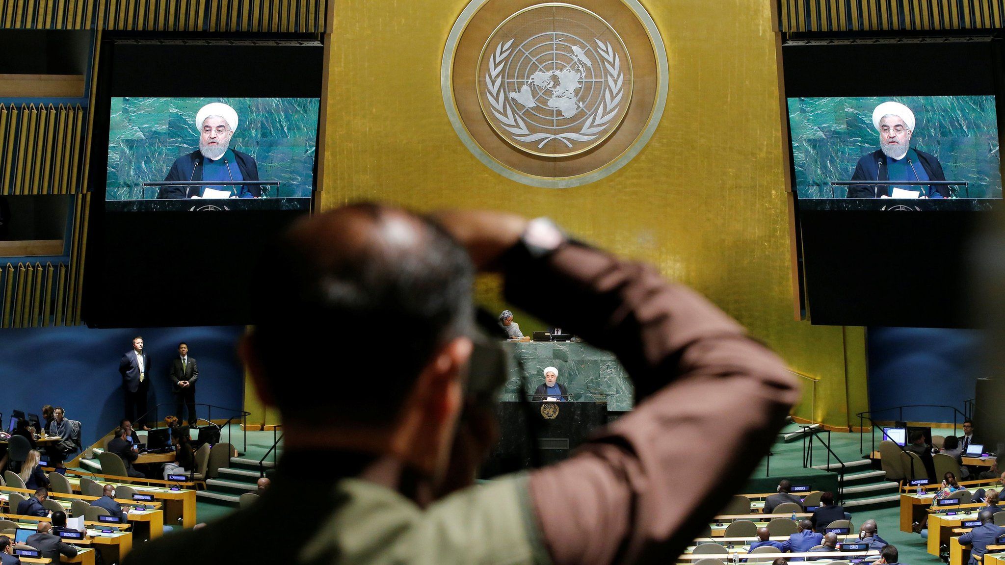 President Hassan Rouhani of Iran on screens at the UN General Assembly in New York, 20 September