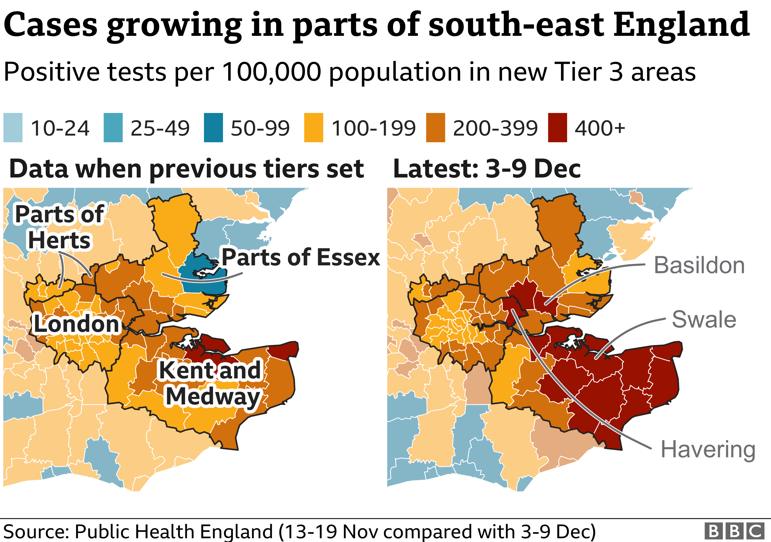Map showing coronavirus infections in the south-east of England