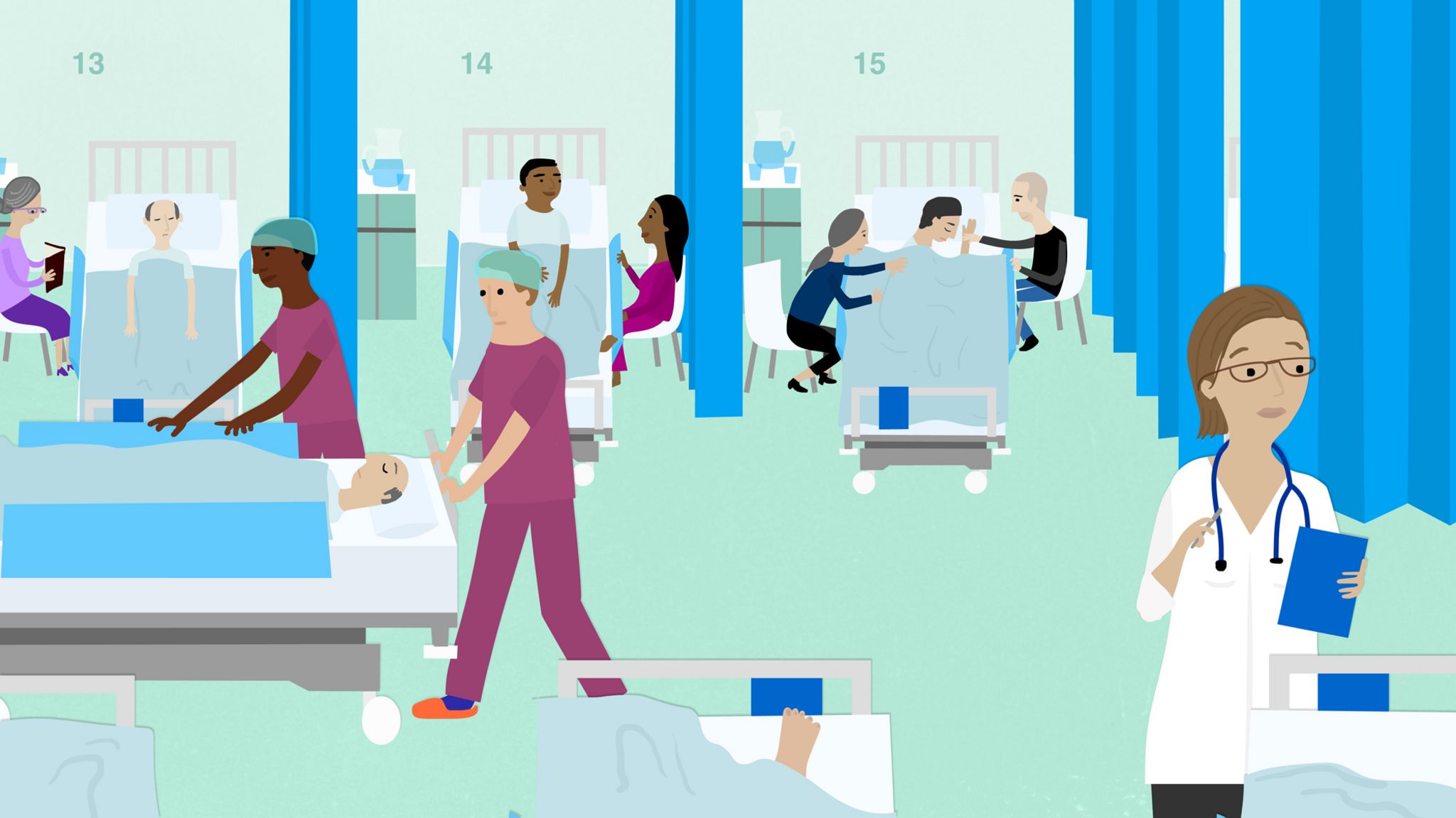 Cartoon of a busy hospital ward