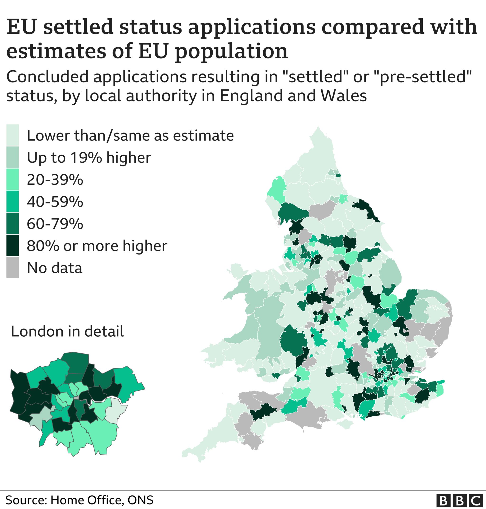 Карта, показывающая, в каких районах была наибольшая разница между предыдущей оценкой численности населения граждан ЕС и количеством претендентов на схему поселения